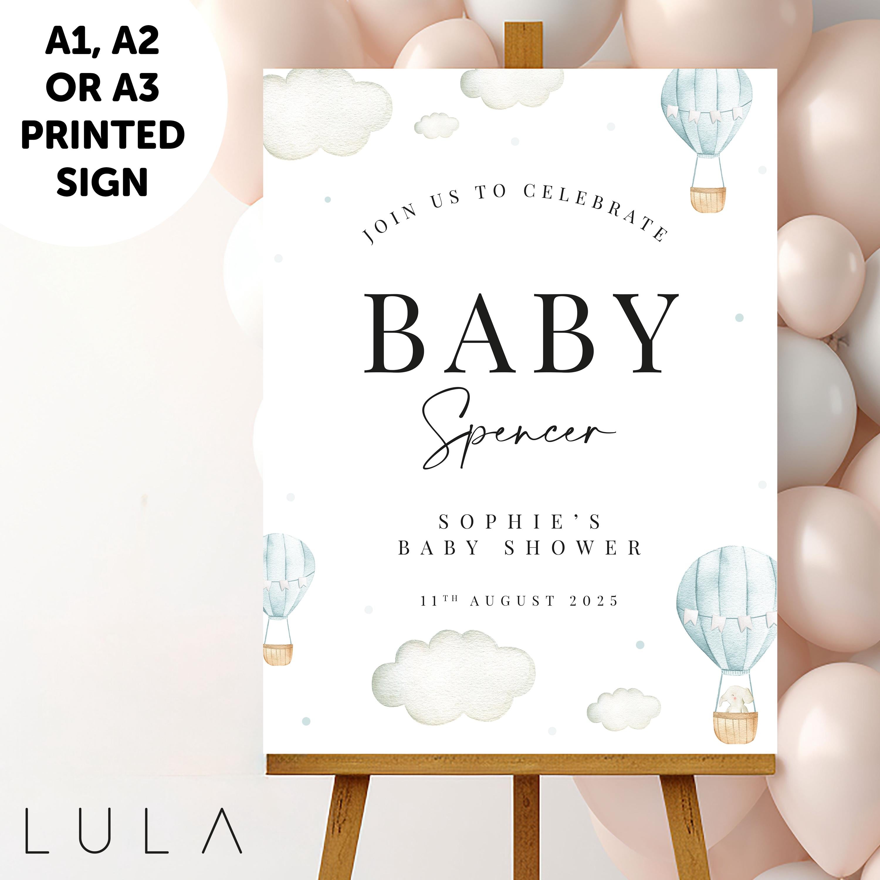 PERSONALISED Blue Hot Air Balloon PRINTED Foamex Baby Blue Baby Shower Party Baby Welcome Sign, Hot Air Balloon Baby Shower