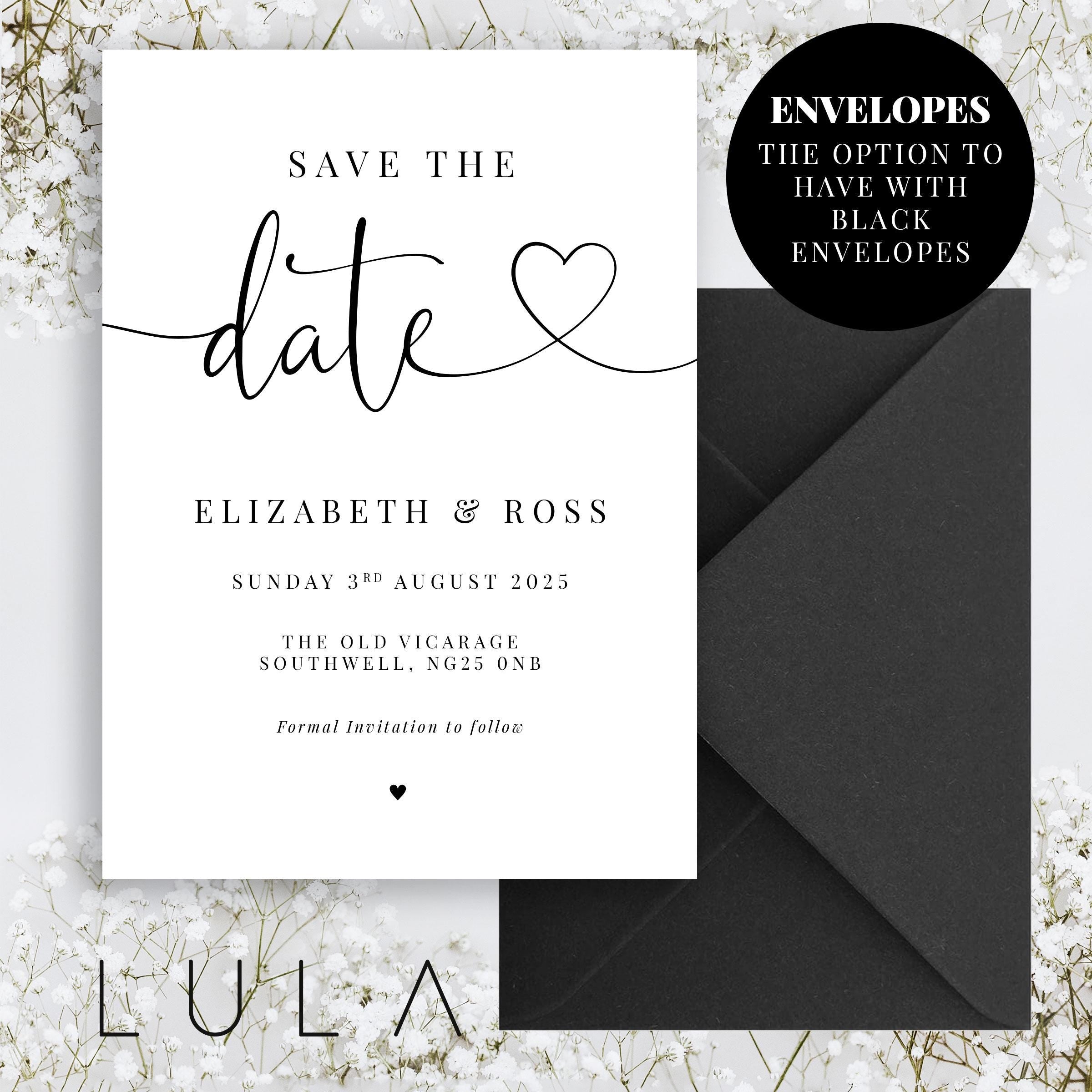 PERSONALISED A6 Black and White Save The Date Printed Invitations Monochrome Save The Dates Printed with Optional Envelopes