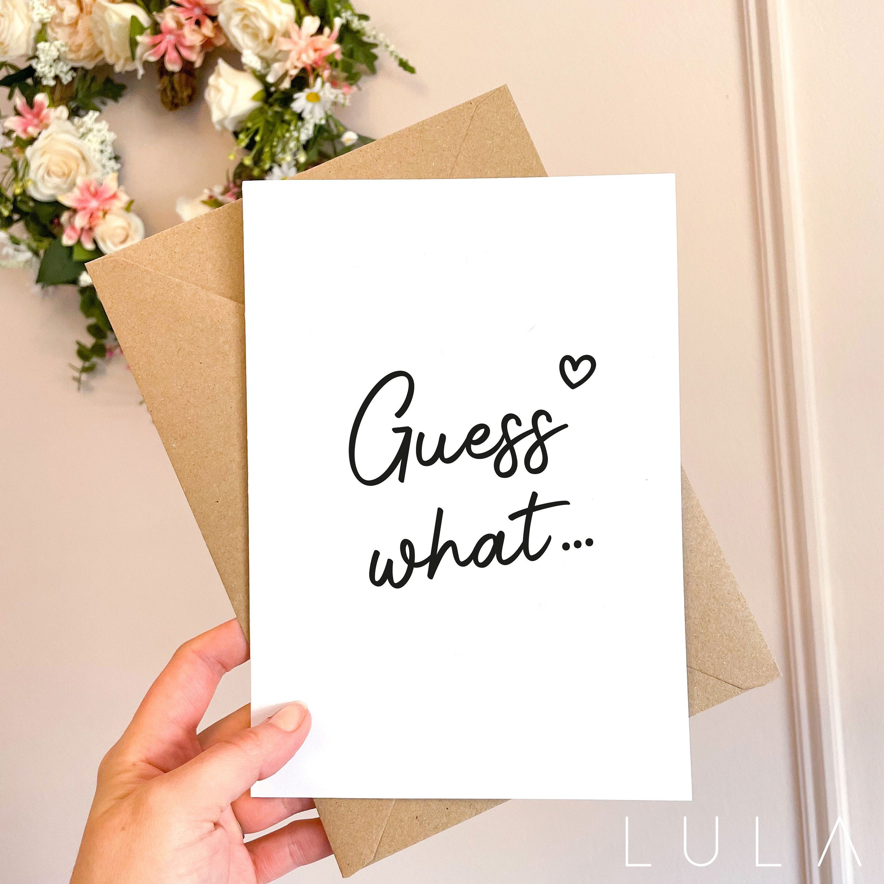 Guess What... A5 Card with envelope, Pregnancy Announcement Card, Pregnancy Reveal, Surprise, Card for Gift Reveal Guess What