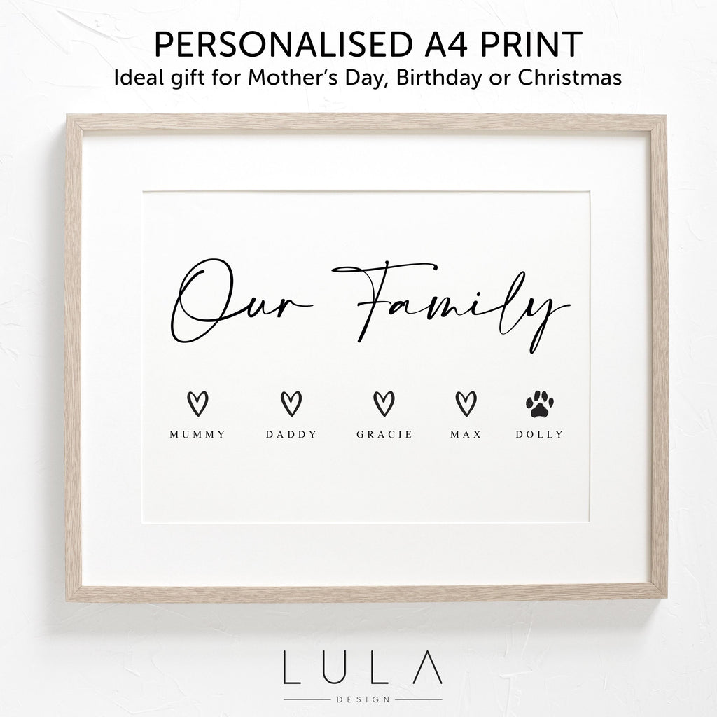 Personalised Our Family A4 Print UNFRAMED Gift for Mum Grandma Christmas Mothers Day Gift for Mummy Nanny Nana Dad Grandad Birthday Gift