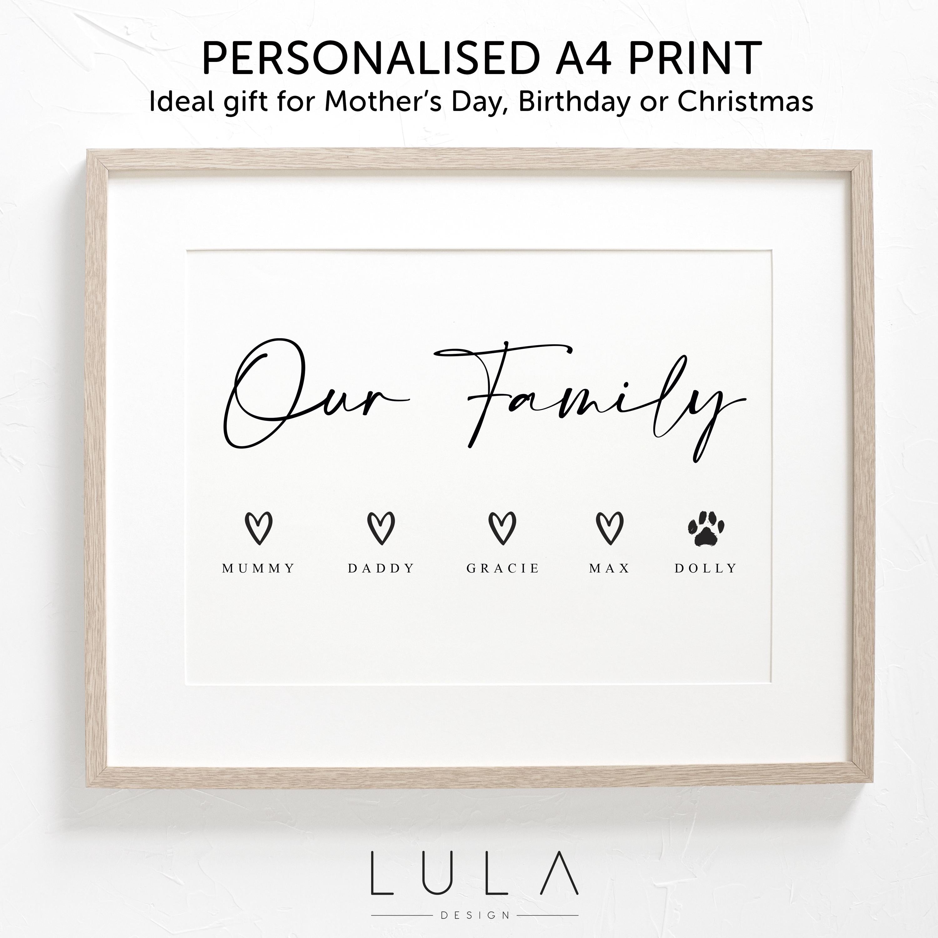 Personalised Our Family A4 Print UNFRAMED Gift for Mum Grandma Christmas Mothers Day Gift for Mummy Nanny Nana Dad Grandad Birthday Gift