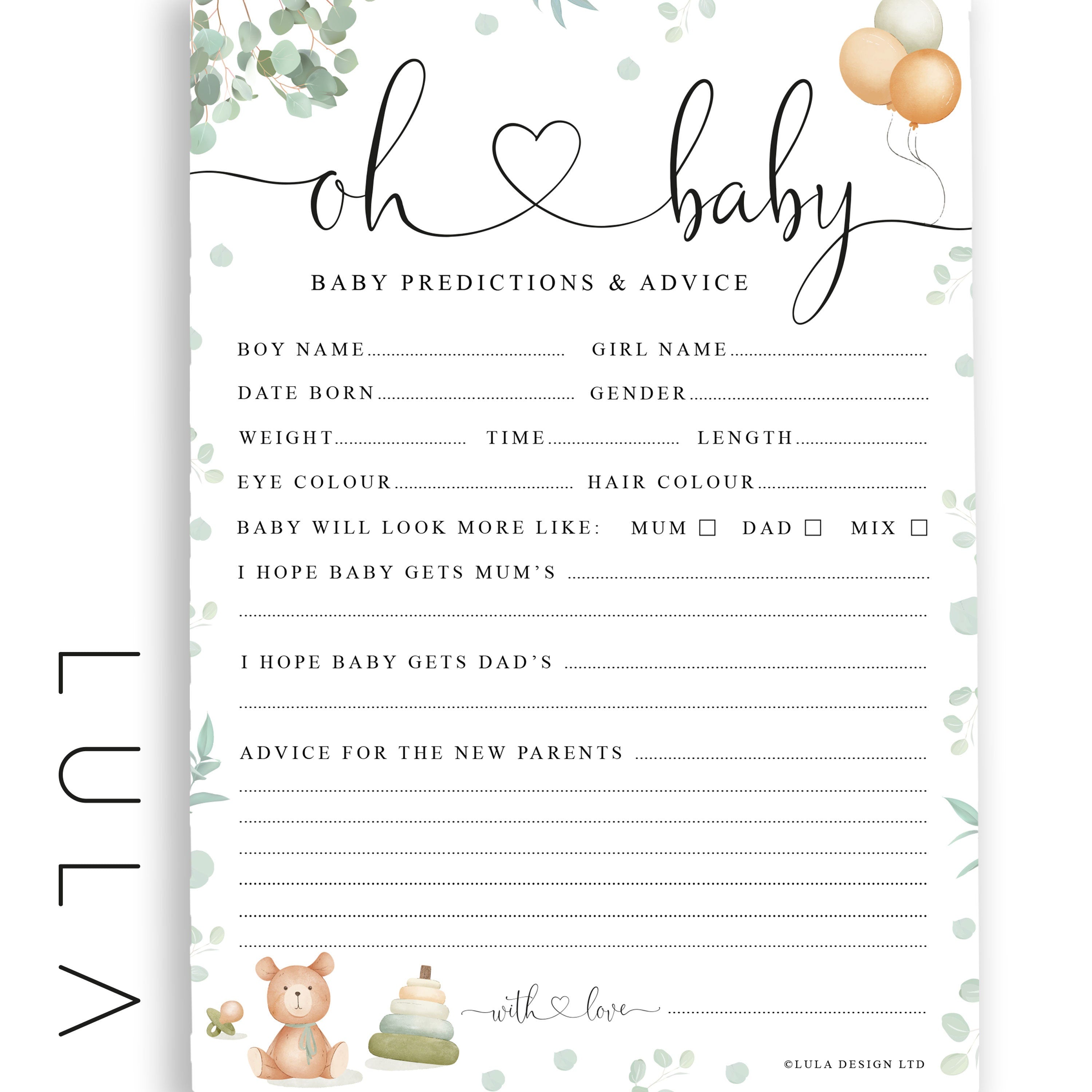 Oh Baby! Eucalyptus and Teddy Bear Baby Shower Prediction Printed A5 Game Cards, Beige Unisex Baby Shower Game, Neutral Baby Shower Game