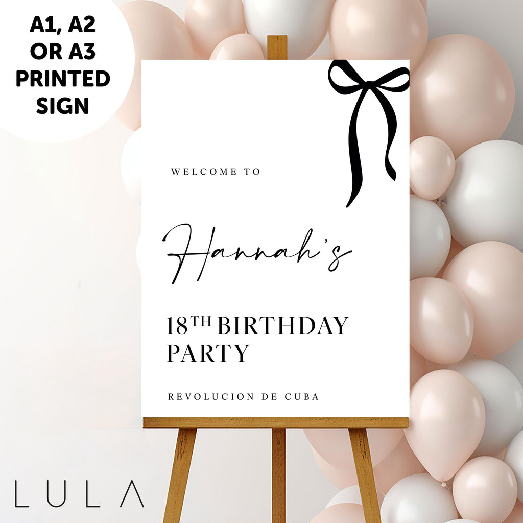 PERSONALISED Black & White Bow Minimal Birthday Party Sign 20th 30th 40th 50th PRINTED Foamex Sign Minimal Welcome Sign