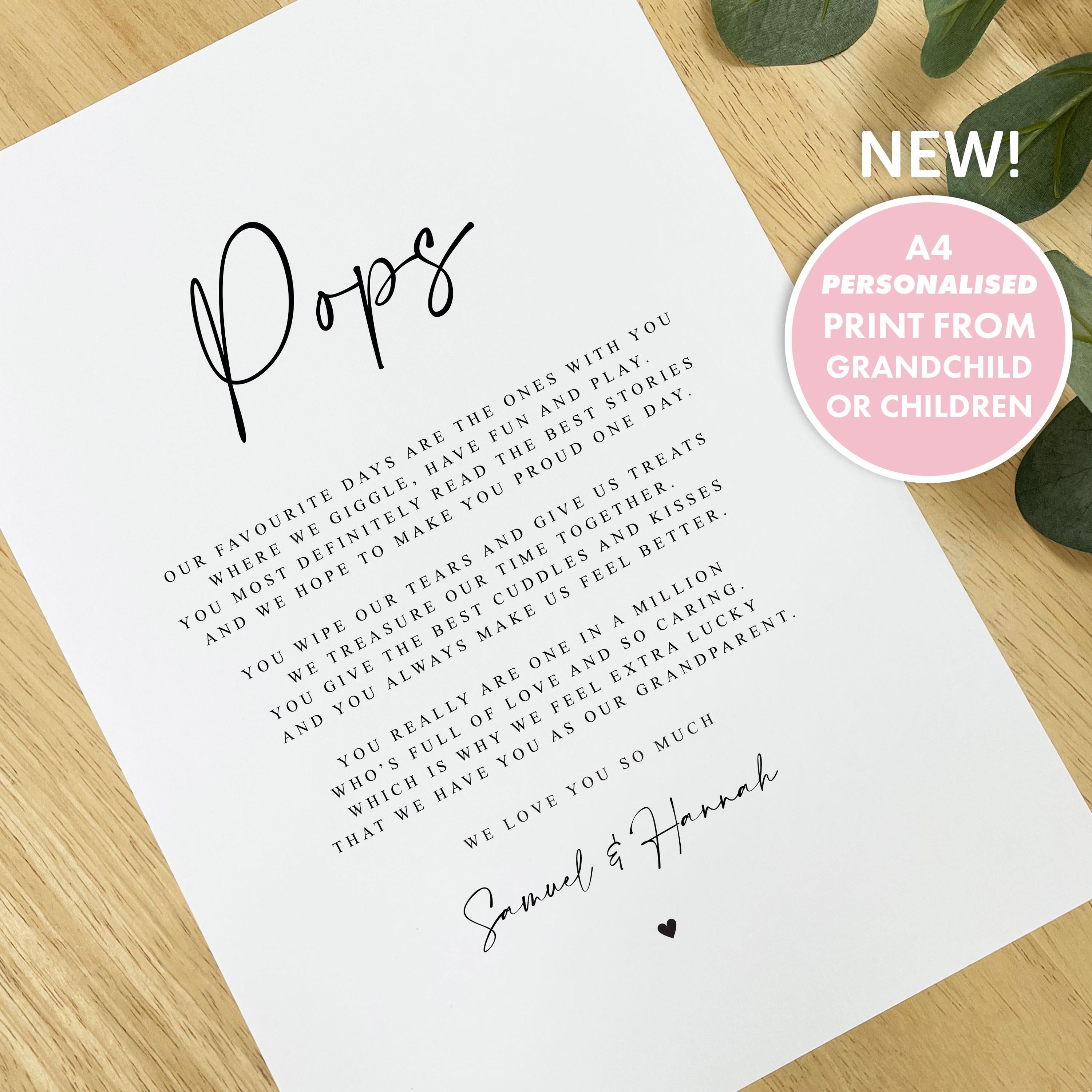 Personalised Pops Poem A4 A5 UNFRAMED PRINT, Pops Grandparent Poem, Pops Christmas Gift to Pops from Grandchild Grandchildren, Pops Birthday