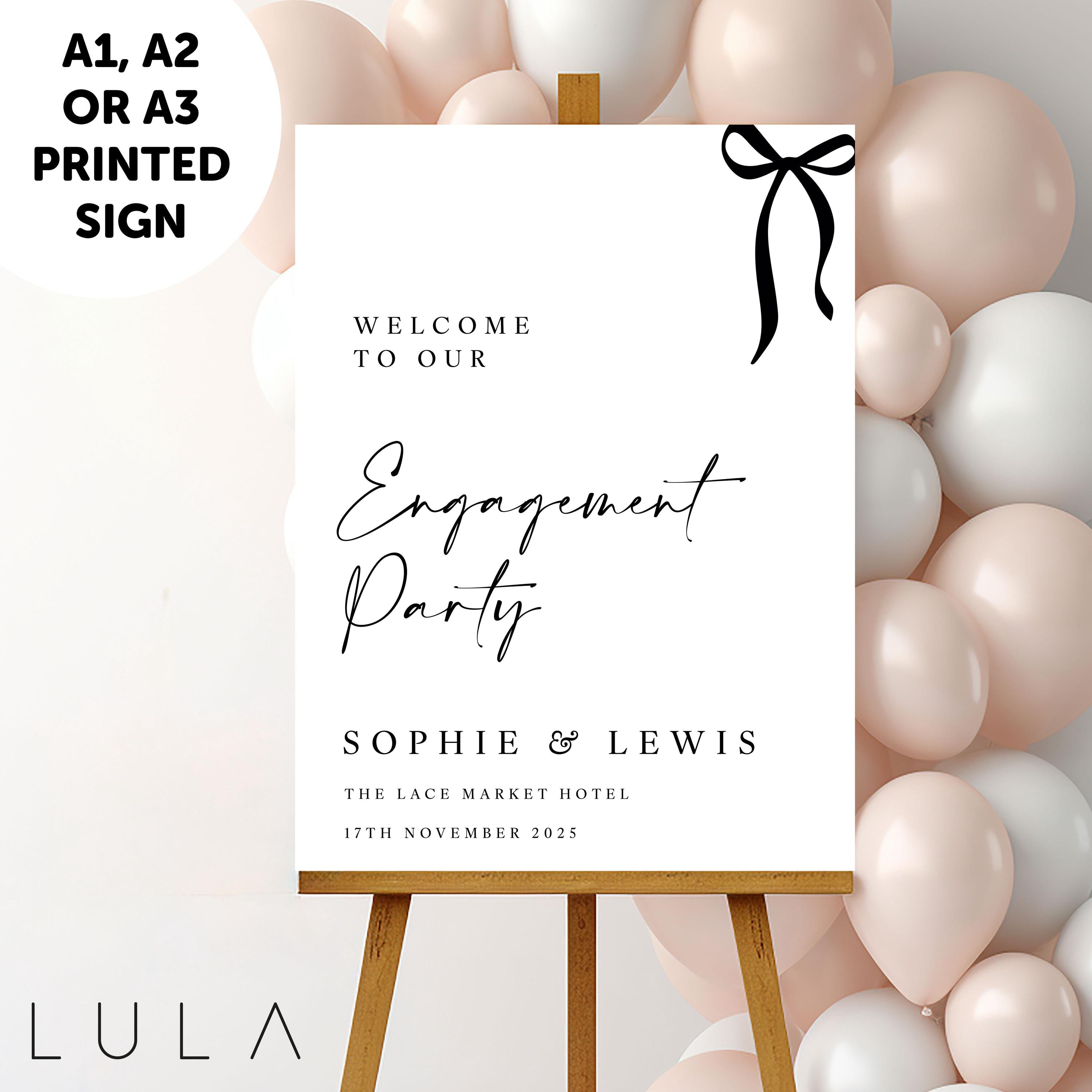 PERSONALISED A1 A2 or A3 Black and White Bow Welcome to our Engagement PRINTED Welcome Sign or DIGITAL download Elegant minimal sign decor