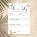 Oh Baby! Eucalyptus and Teddy Bear Baby Shower Prediction Printed A5 Game Cards, Beige Unisex Baby Shower Game, Neutral Baby Shower Game