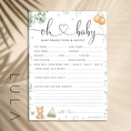Oh Baby! Eucalyptus and Teddy Bear Baby Shower Prediction Printed A5 Game Cards, Beige Unisex Baby Shower Game, Neutral Baby Shower Game
