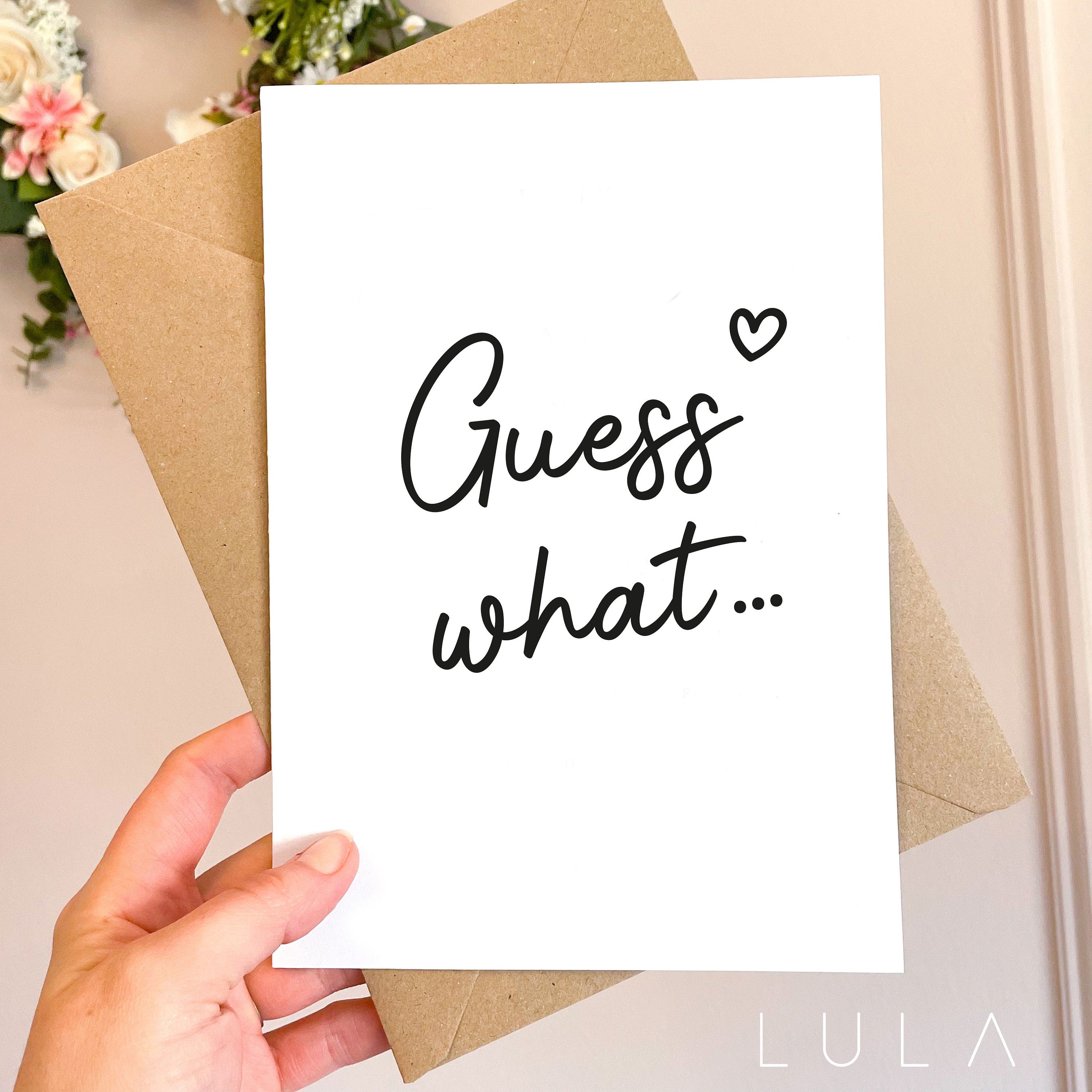 Guess What... A5 Card with envelope, Pregnancy Announcement Card, Pregnancy Reveal, Surprise, Card for Gift Reveal Guess What