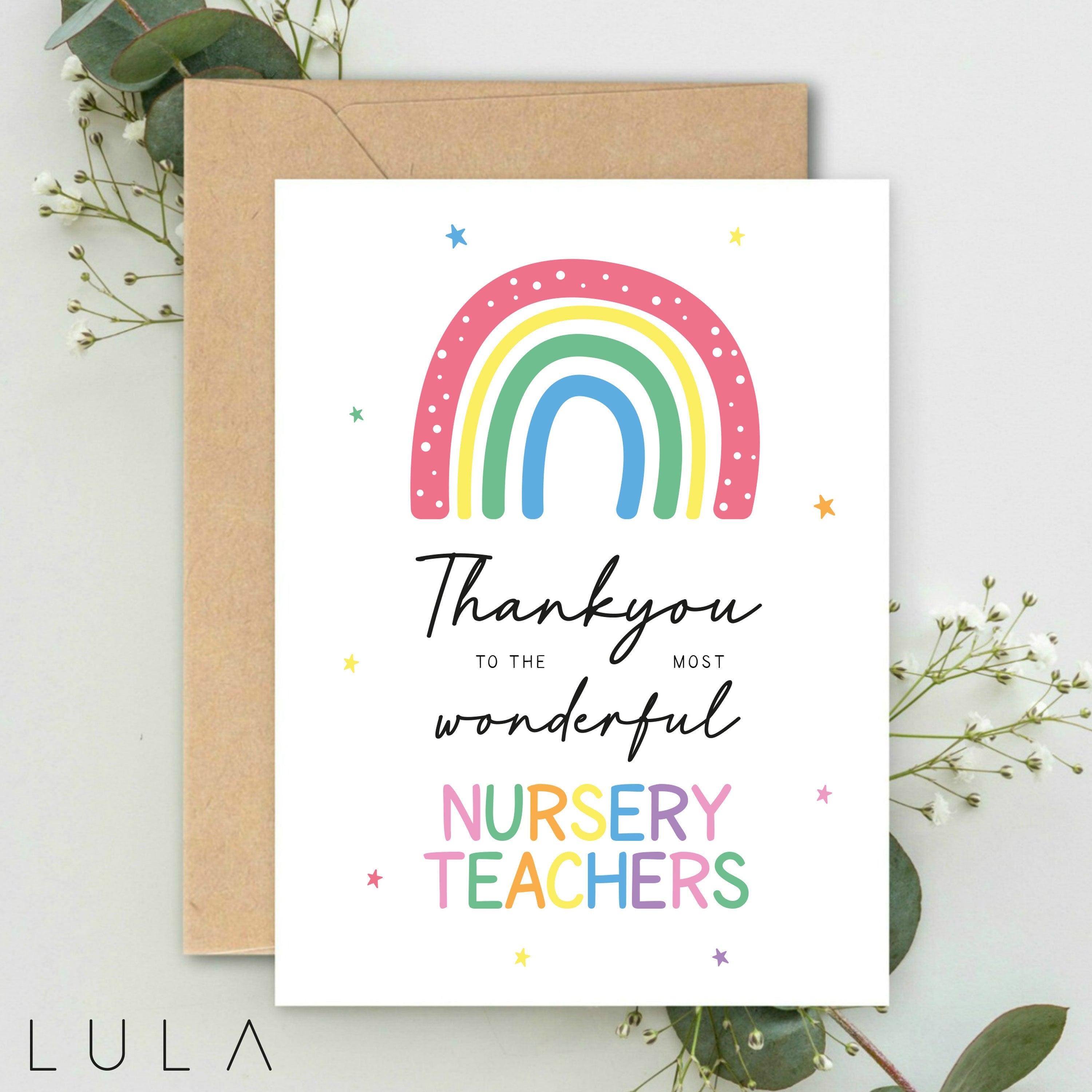 Thankyou for being such wonderful Nursery Teachers Rainbow A5 Greeting Card & Kraft envelope Nursery Teacher Card, Nursery Leavers Card