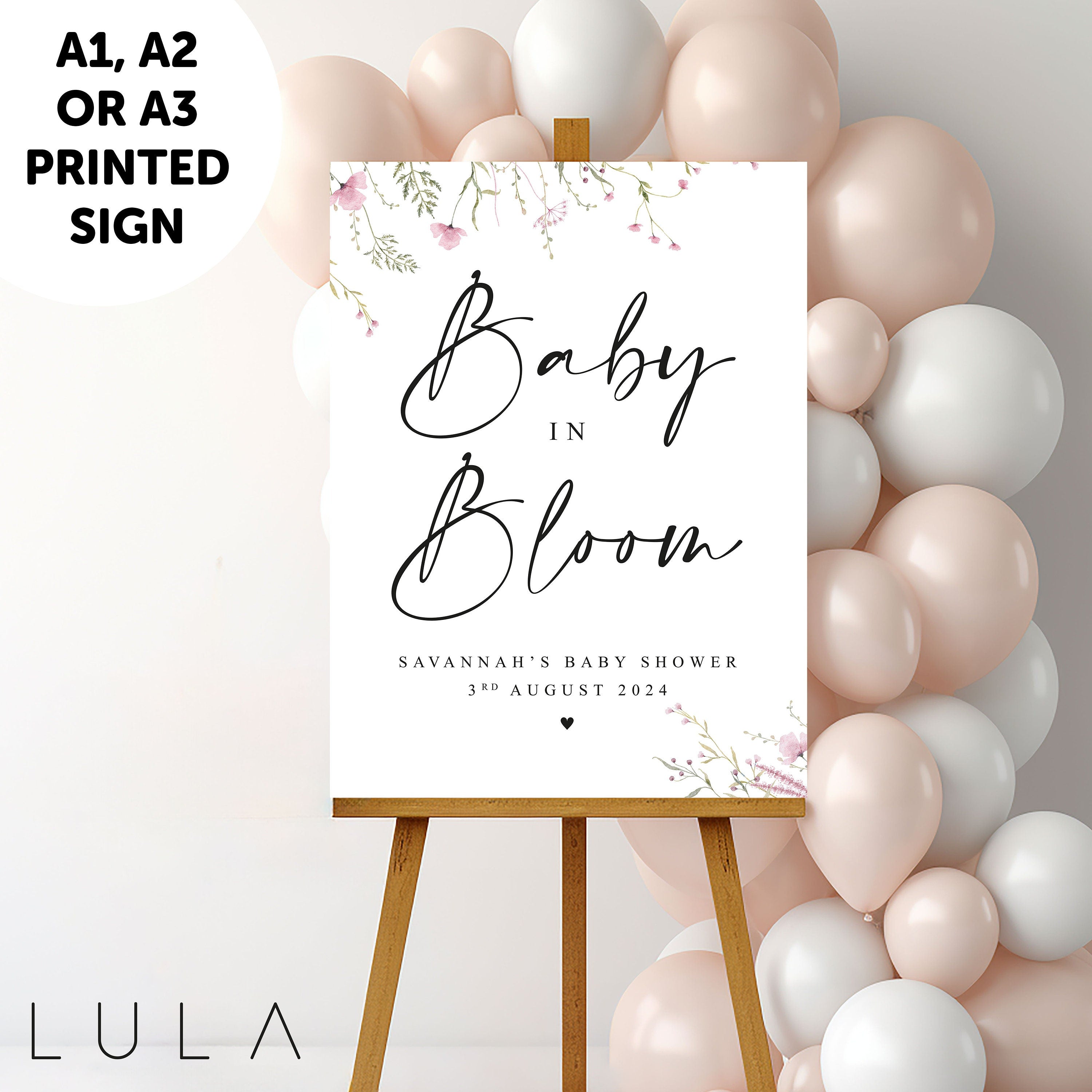 PERSONALISED Pink Floral Baby Shower Sign PRINTED, Wildflower Baby Shower Party Baby Welcome Sign Baby in Bloom