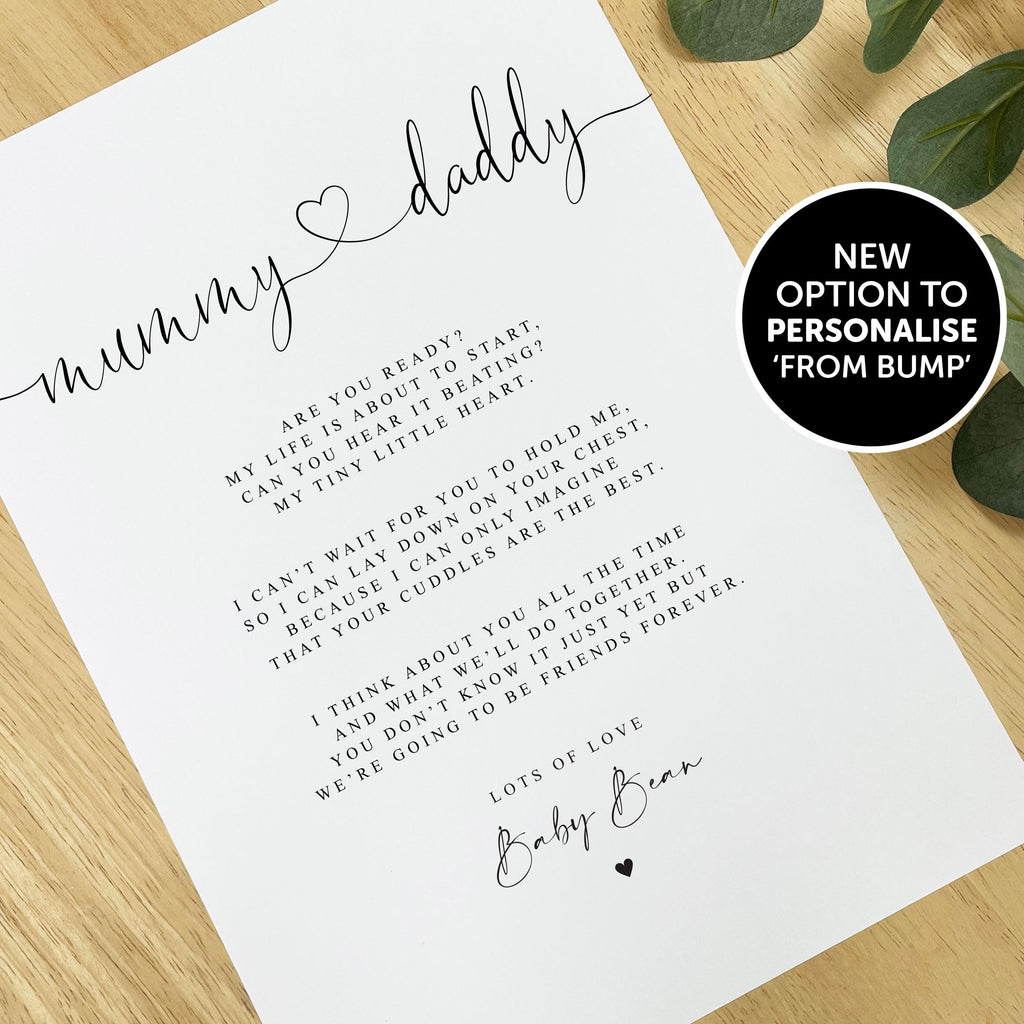 PERSONALISED Mummy and Daddy to be Poem from Bump or Twins A4 PRINT New Parents to be Christmas Gift Pregnancy Reveal Mummy & Daddy to be