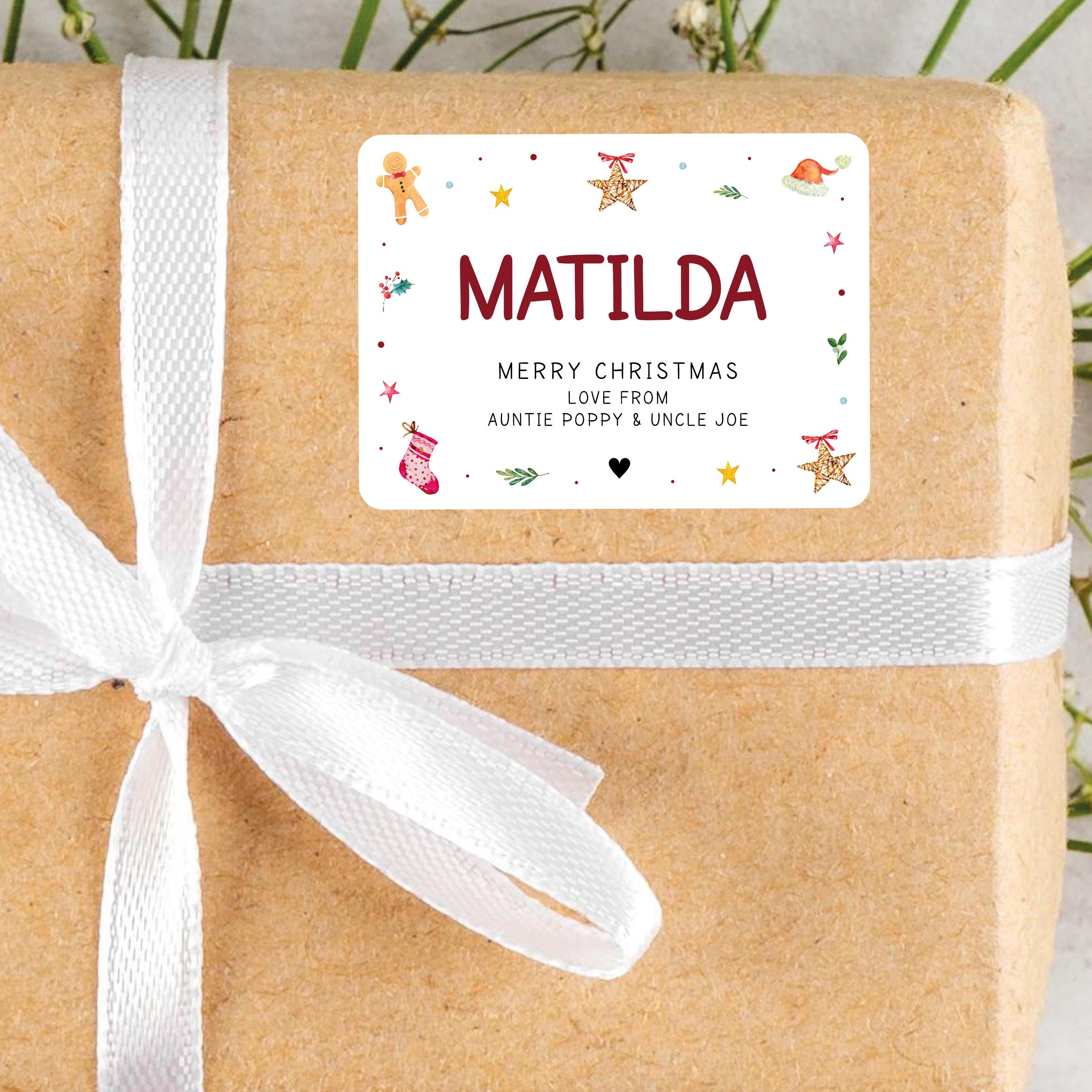 KIDS PERSONALISED 18 x Name Merry Christmas from Family Mum Dad Santa Christmas Sticker Gift Tags Xmas Labels Kids Name Present Gift Bag Tag