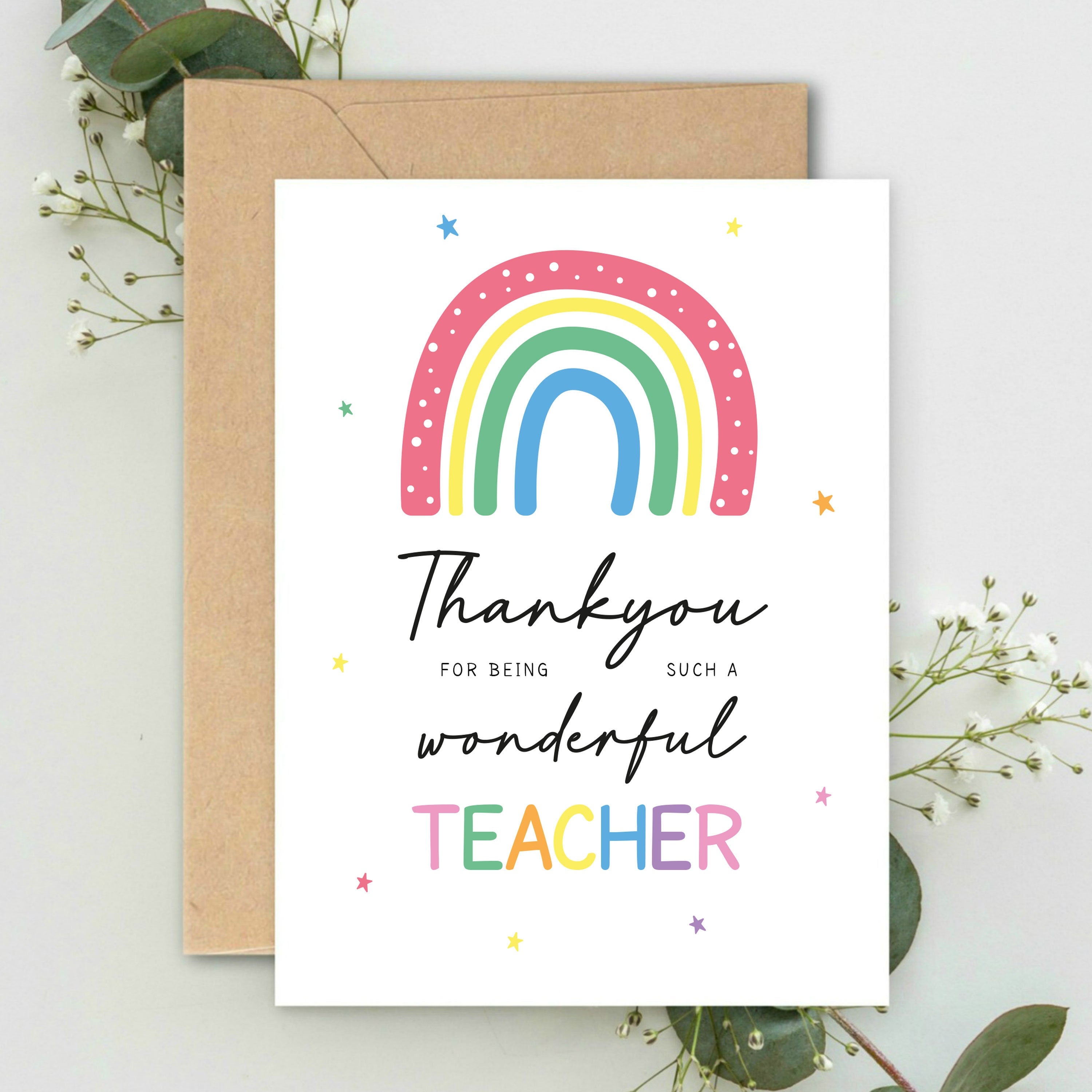 Thankyou for being such a wonderful Teacher Rainbow A5 Greeting Card & Kraft envelope Teacher Card, End of Term Card, School Leaver Card,