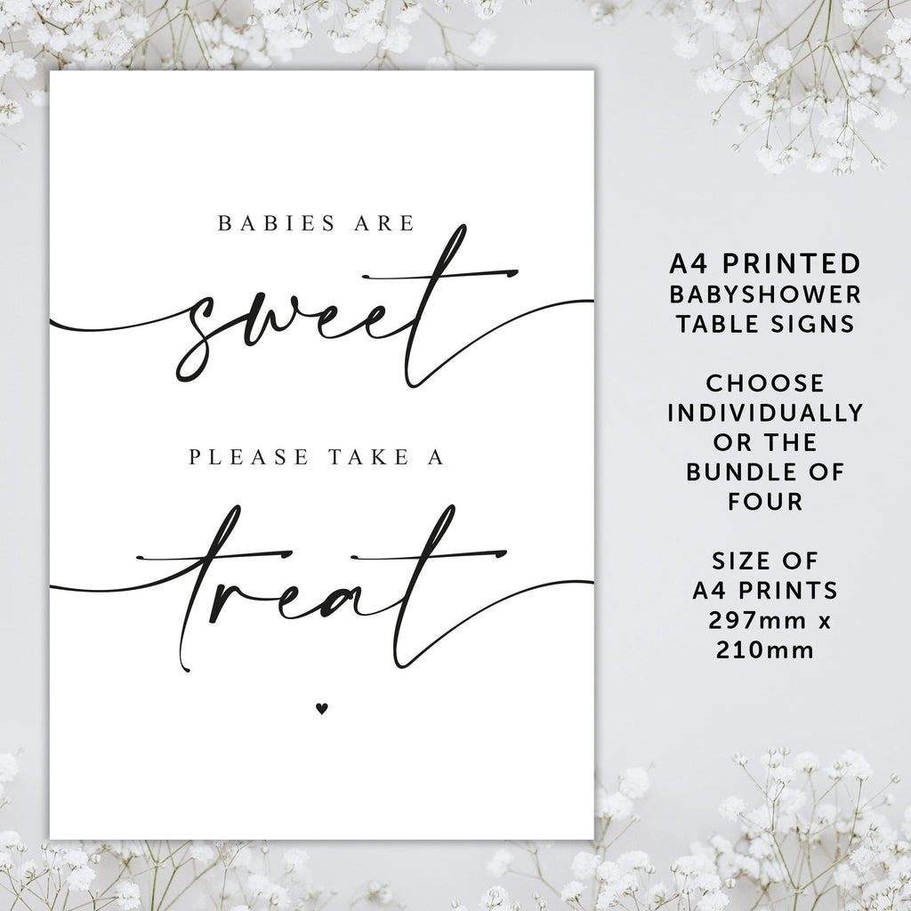 A4 Baby Shower Table Signs UNFRAMED PRINTS, Printed Baby Shower Favours Sign, Fizz she's about to pop, Sweet Treats, books for Baby Sign