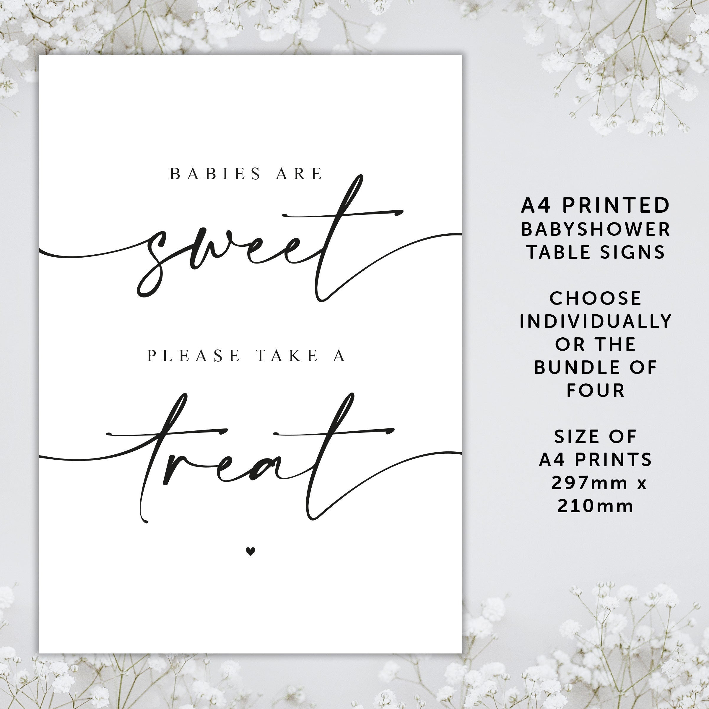 A4 Baby Shower Table Signs UNFRAMED PRINTS, Printed Baby Shower Favours Sign, Fizz she's about to pop, Sweet Treats, books for Baby Sign