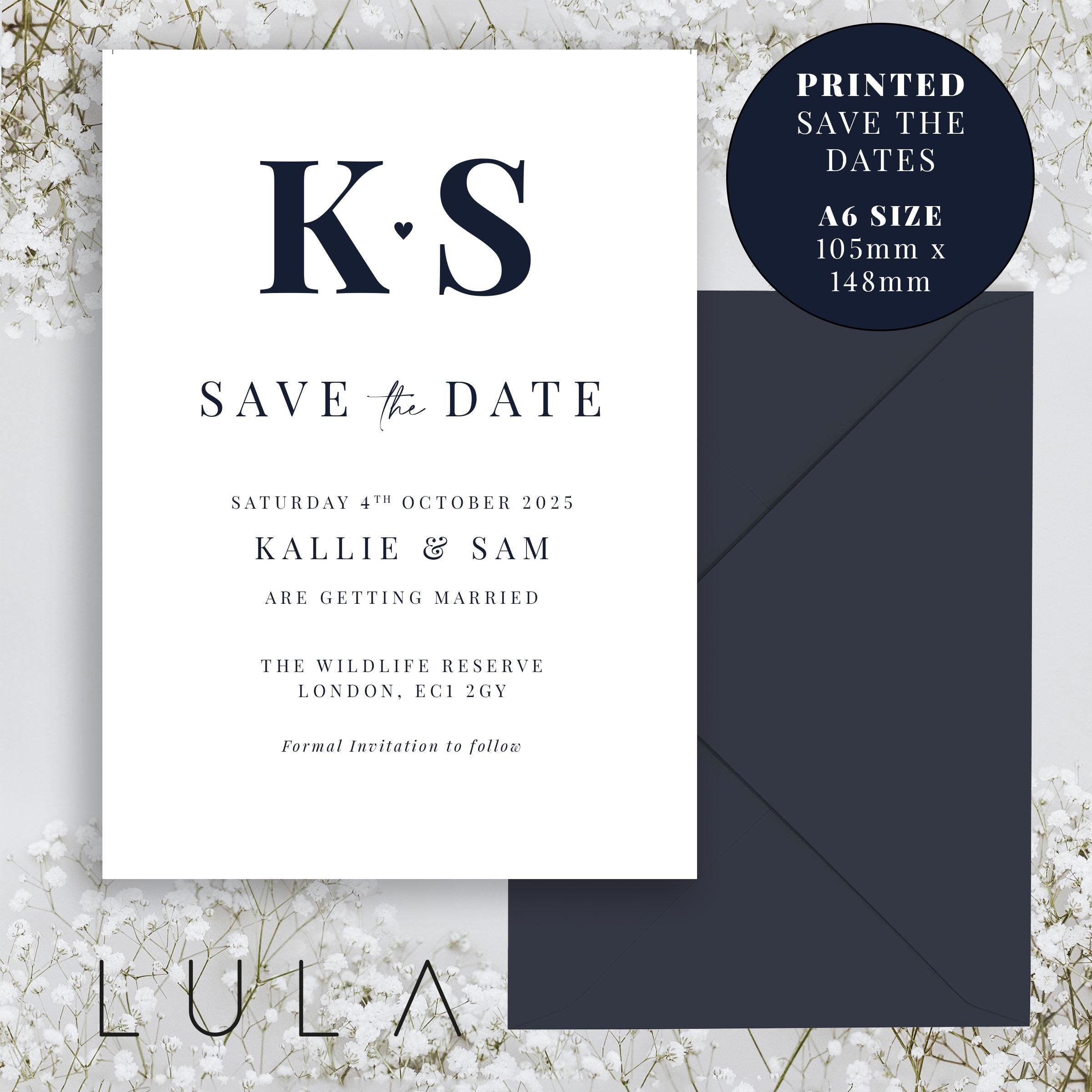 PERSONALISED Navy and White Save The Date Printed Invitations, Navy theme wedding Save The Dates with Envelopes, Typography Save the Dates