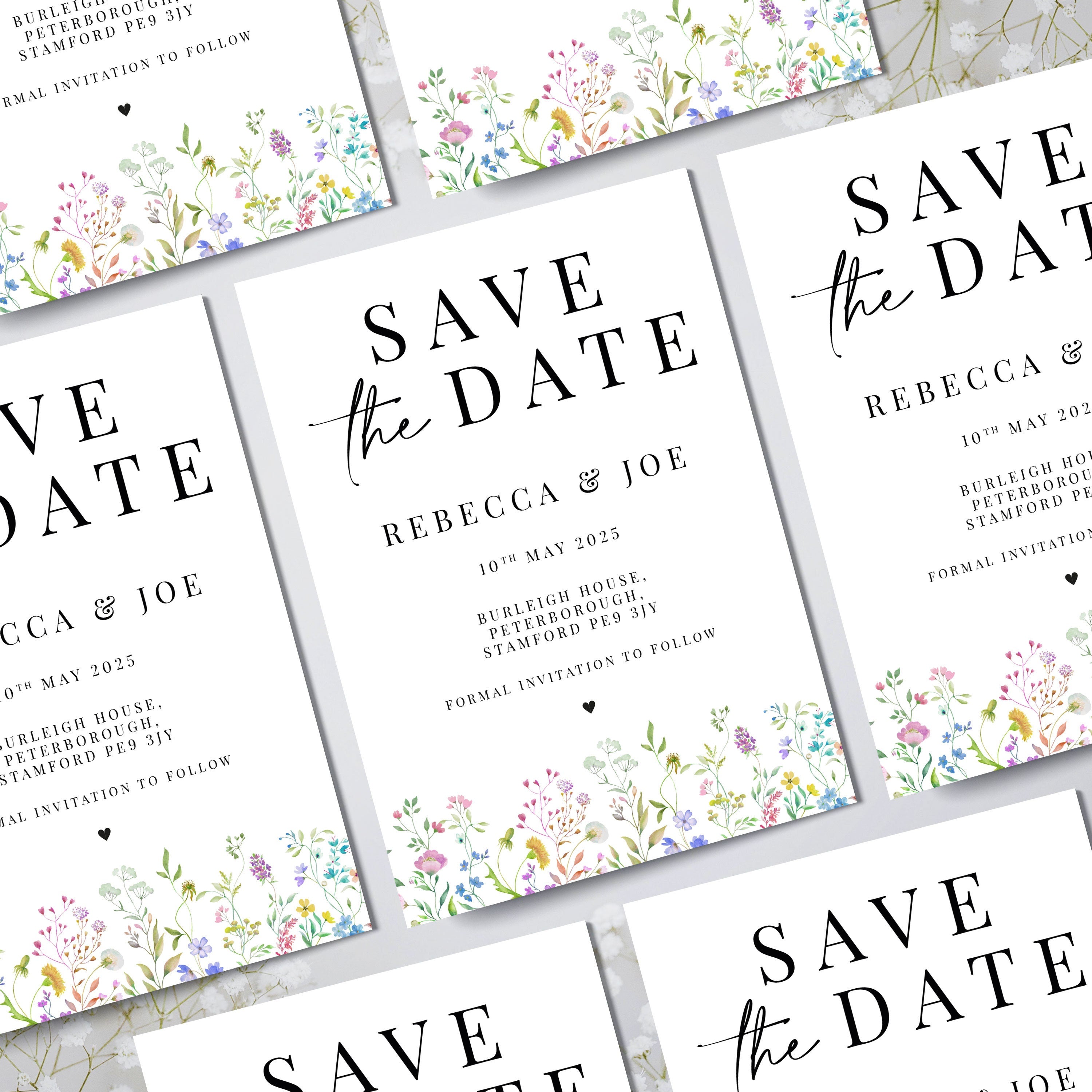 PERSONALISED A6 Spring Summer Floral Printed Save the Dates Wildflower Boho floral Save The Dates Typography Printed with black Envelopes