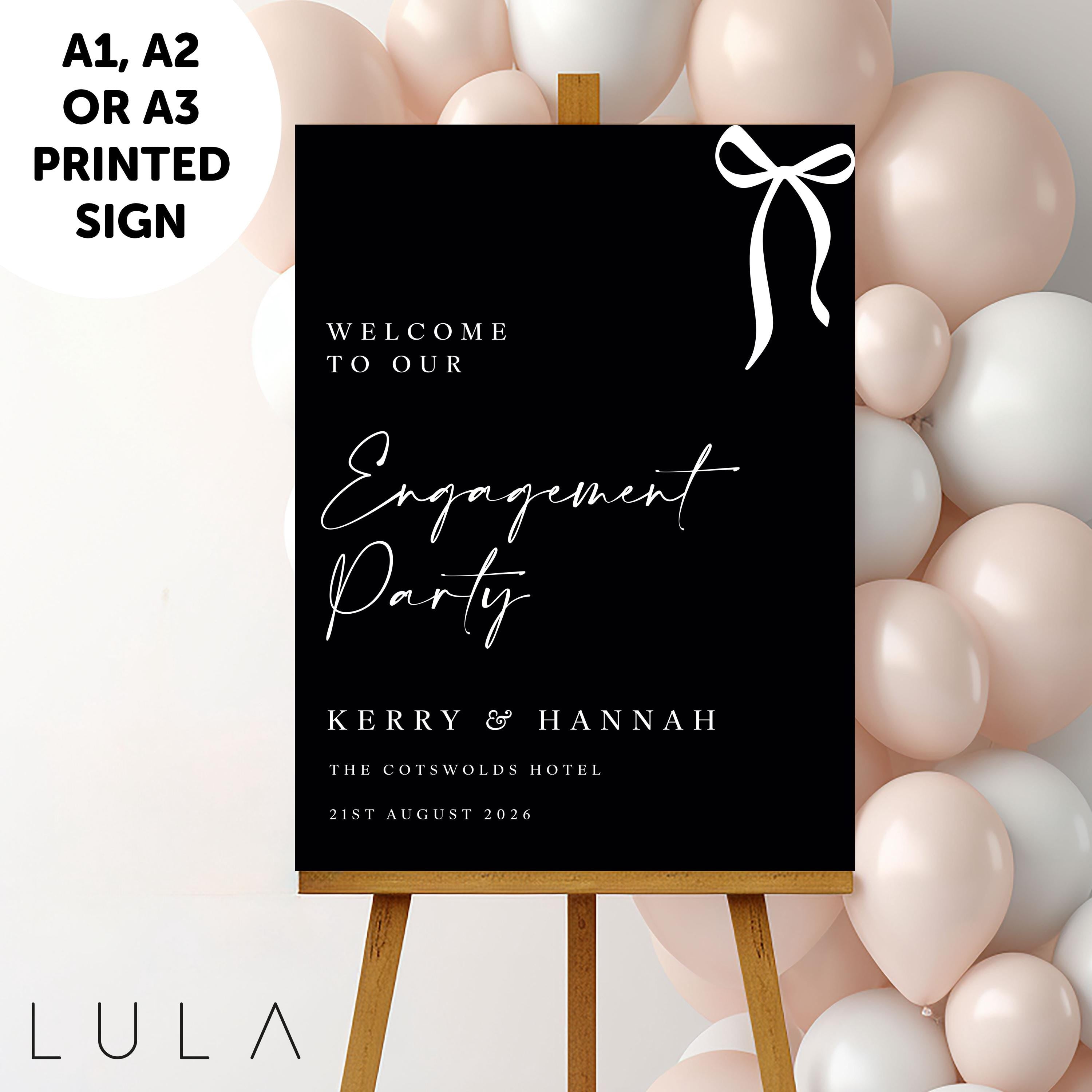 PERSONALISED A1 A2 or A3 Black and White Bow Welcome to our Engagement PRINTED Foamex Welcome Sign Elegant minimal sign decor