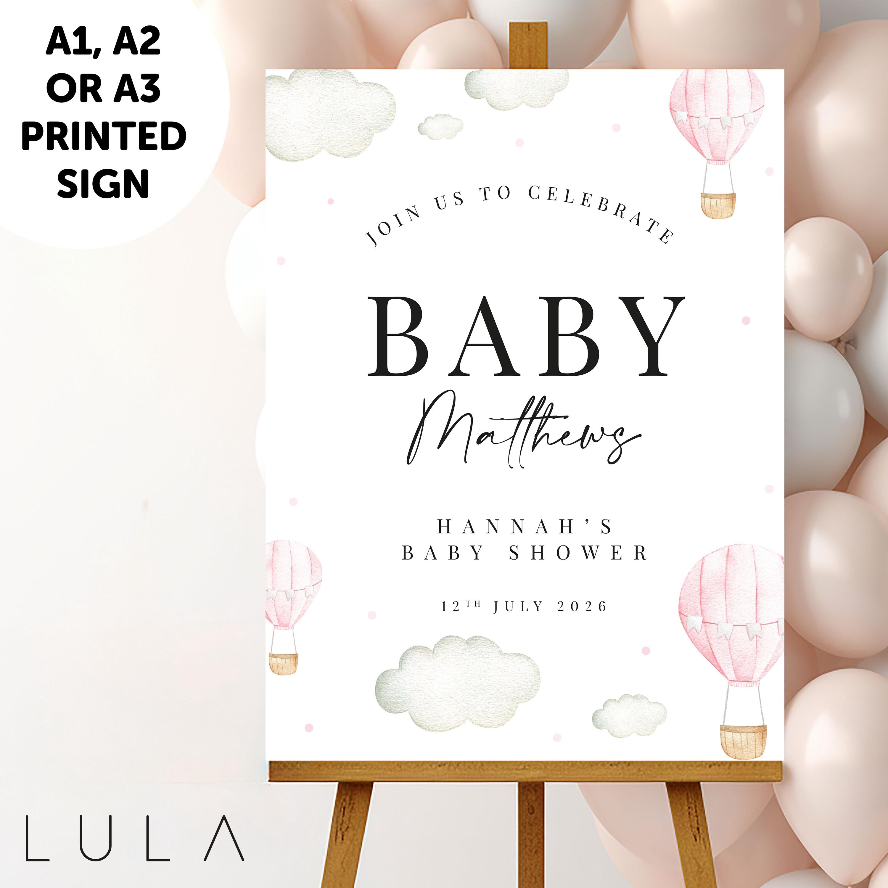 PERSONALISED Pink Hot Air Balloon PRINTED Baby Shower Sign, Baby Pink Baby Shower Party Baby Welcome Sign, Hot Air Balloon Baby Shower