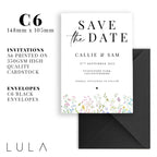PERSONALISED A6 Spring Summer Floral Printed Save the Dates Wildflower Boho floral Save The Dates Typography Printed with black Envelopes