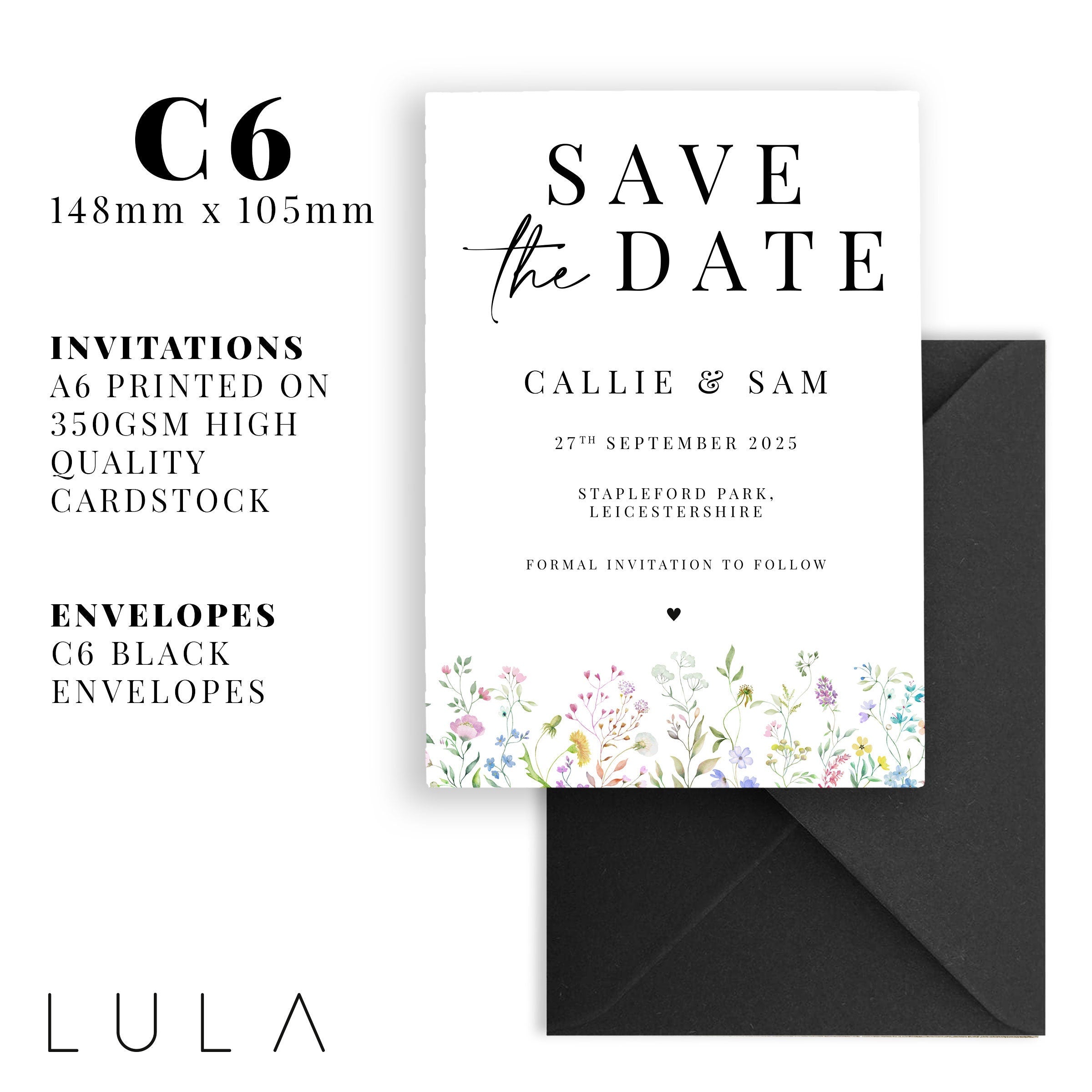 PERSONALISED A6 Spring Summer Floral Printed Save the Dates Wildflower Boho floral Save The Dates Typography Printed with black Envelopes