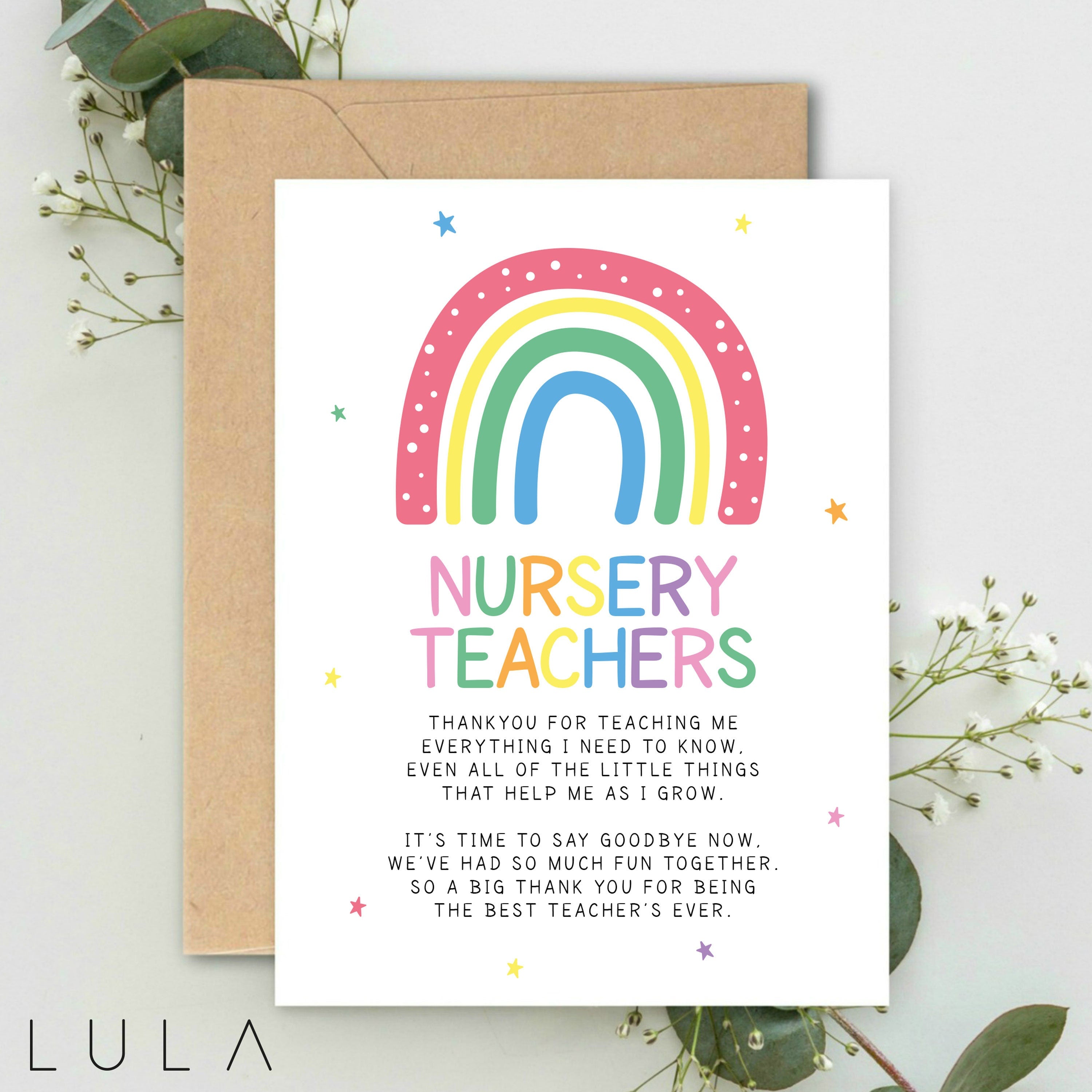 Leaving Nursery Teachers Poem Rainbow A5 Greeting Card & Kraft envelope Nursery Teacher Card, Nursery Leavers Card, for helping me grow card
