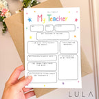 All about my Teacher fillable A5 Card & Kraft envelope Card for Teacher Thankyou Teacher Card End of Term Card School Leaver Card
