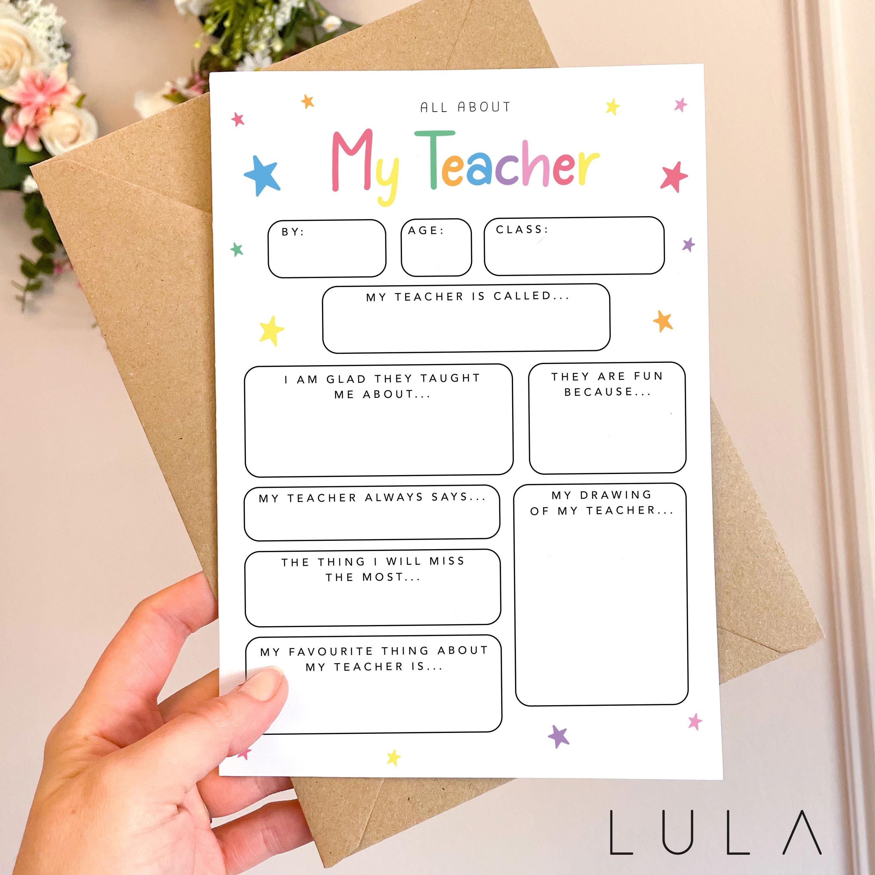 All about my Teacher fillable A5 Card & Kraft envelope Card for Teacher Thankyou Teacher Card End of Term Card School Leaver Card