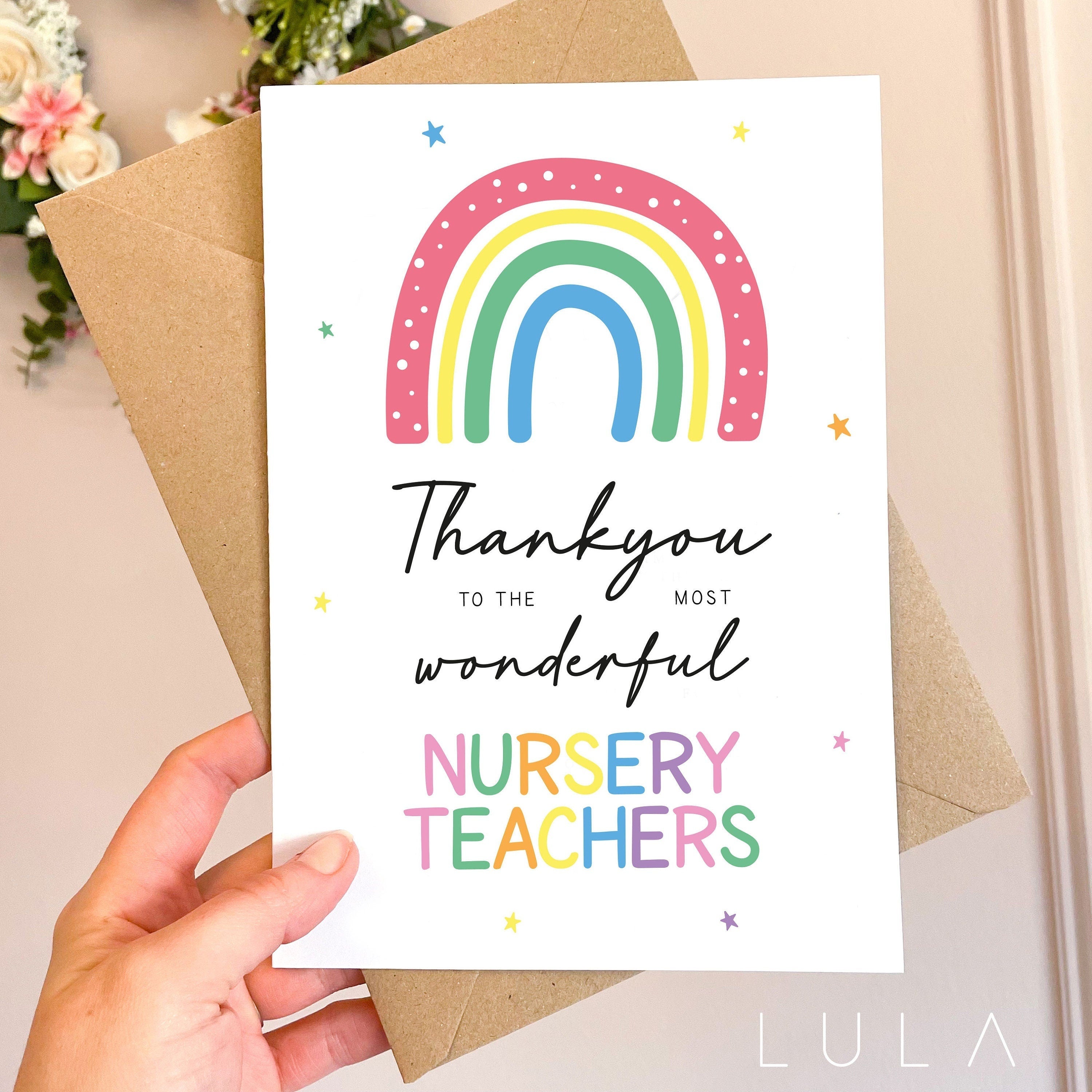 Thankyou for being such wonderful Nursery Teachers Rainbow A5 Greeting Card & Kraft envelope Nursery Teacher Card, Nursery Leavers Card