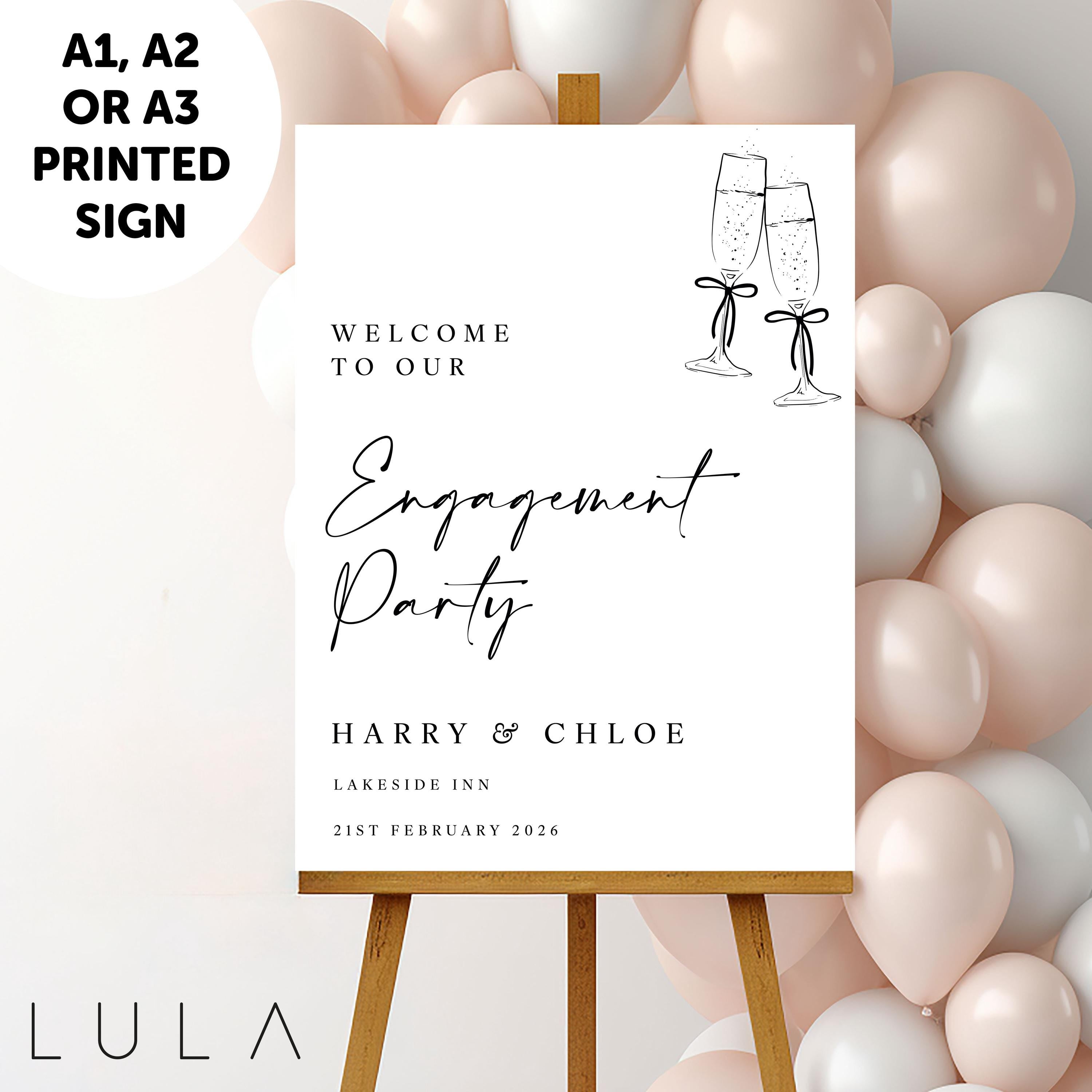 PERSONALISED A1 A2 or A3 Black and White Bow Welcome to our Engagement PRINTED Foamex Welcome Sign Elegant minimal sign decor