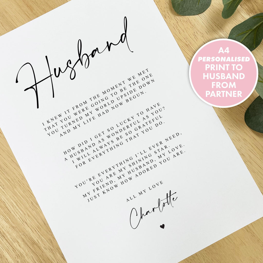 Personalised Husband Poem A4 Unframed PRINT Valentines Day Gift, Gift for Him Husband Birthday Gift Husband Anniversary Gift Husband Poem