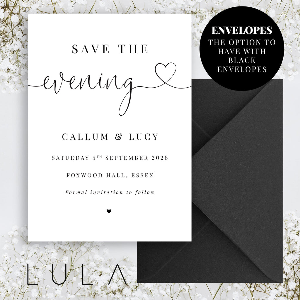 PERSONALISED A6 Black and White Save The Date Printed Invitations Monochrome Save The Dates Printed with Optional Envelopes