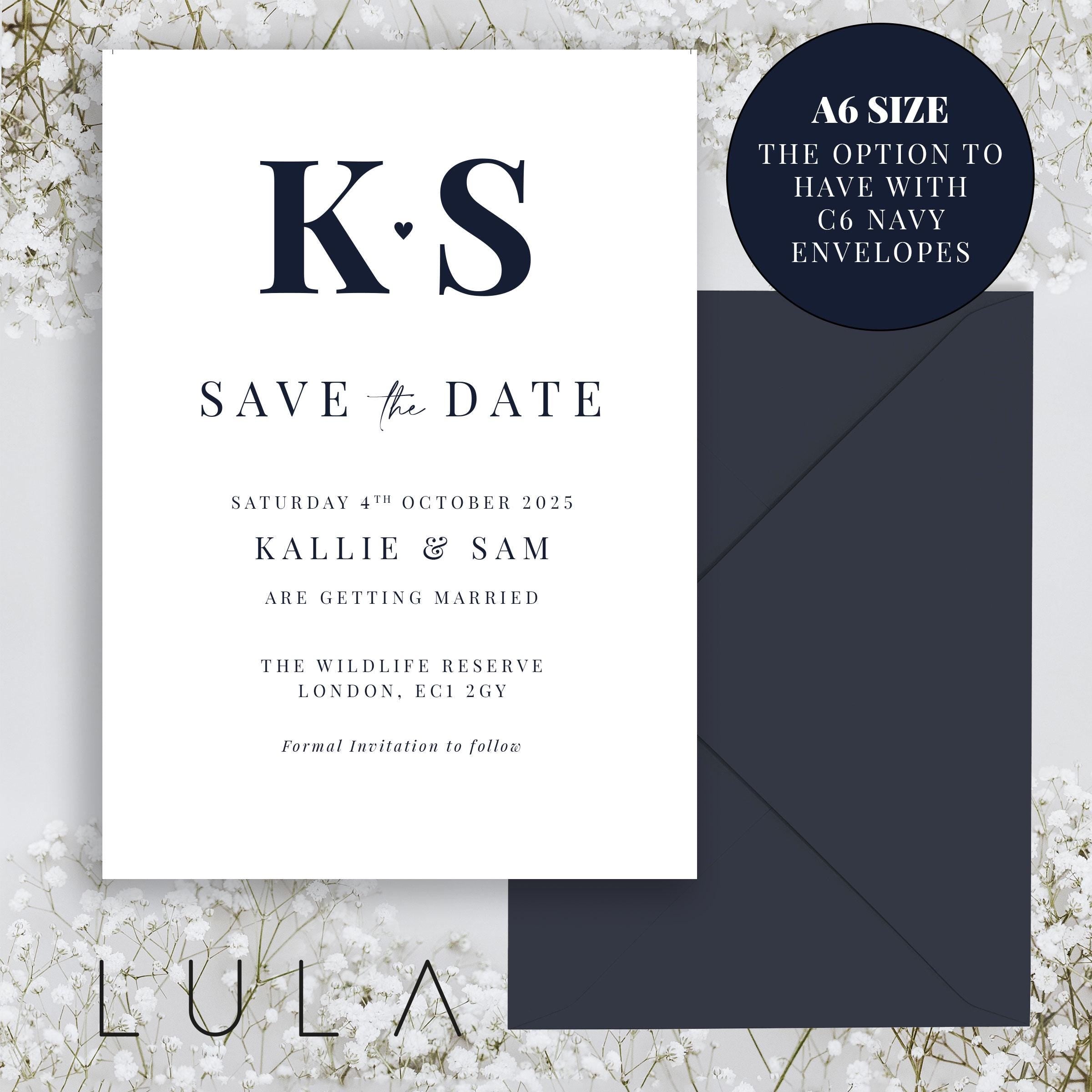 PERSONALISED Navy and White Save The Date Printed Invitations, Navy theme wedding Save The Dates with Envelopes, Typography Save the Dates
