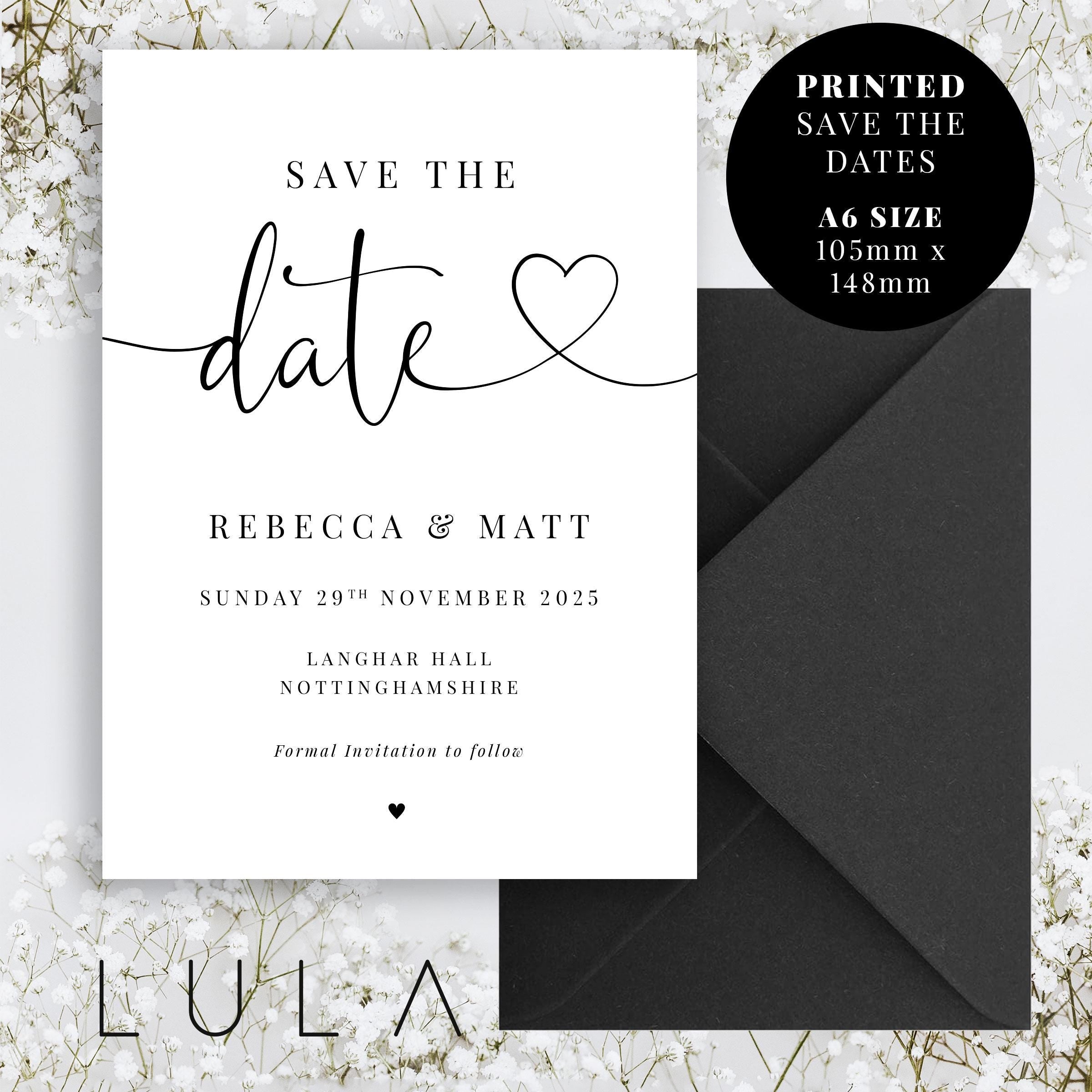 PERSONALISED A6 Black and White Save The Date Printed Invitations Monochrome Save The Dates Printed with Optional Envelopes