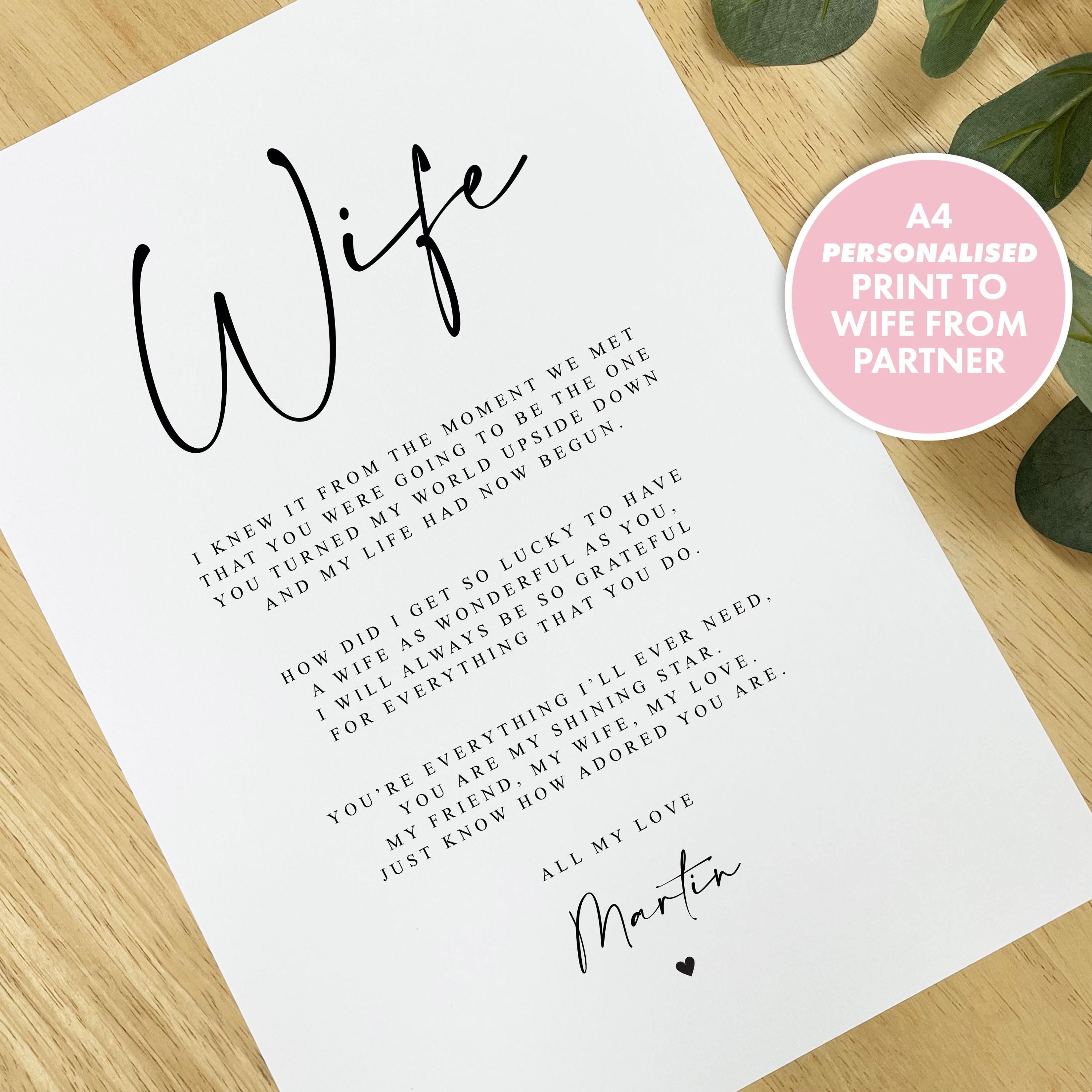 PERSONALISED Wife Poem A4 Unframed PRINT Mothers Day Gift Gift for Wife Birthday Gift Wife Valentines Gift Wife Poem Print Personalised Wife