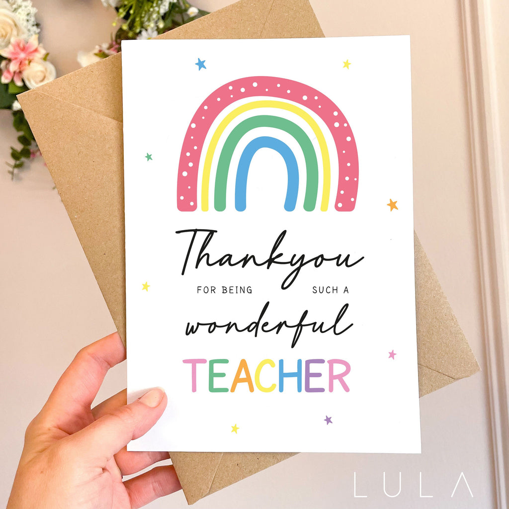 Thankyou for being such a wonderful Teacher Rainbow A5 Greeting Card & Kraft envelope Teacher Card, End of Term Card, School Leaver Card,