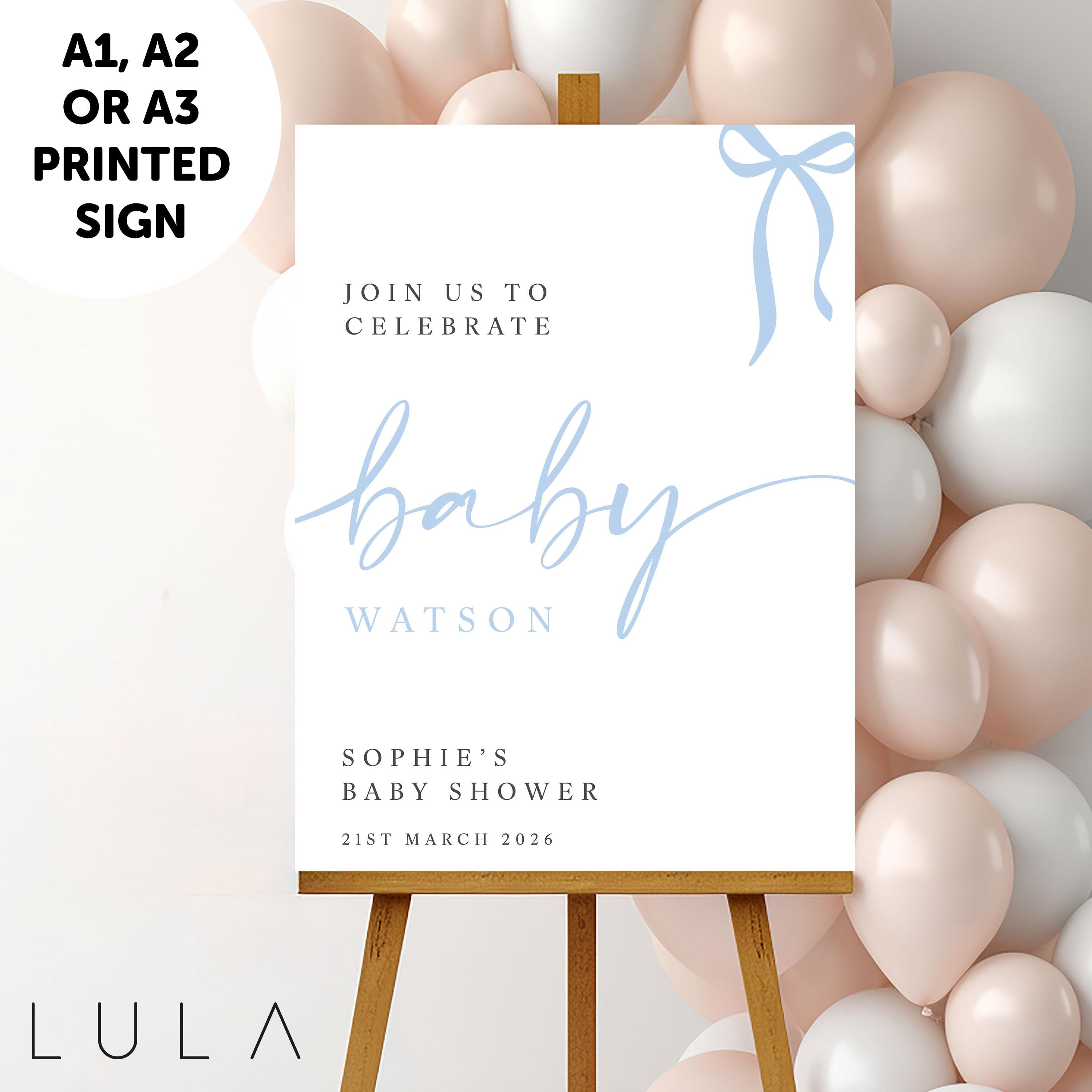 PERSONALISED A1 A2 or A3 Black White Pink Blue Bow Welcome Baby Shower PRINTED Welcome Sign or DIGITAL download Elegant minimal sign decor