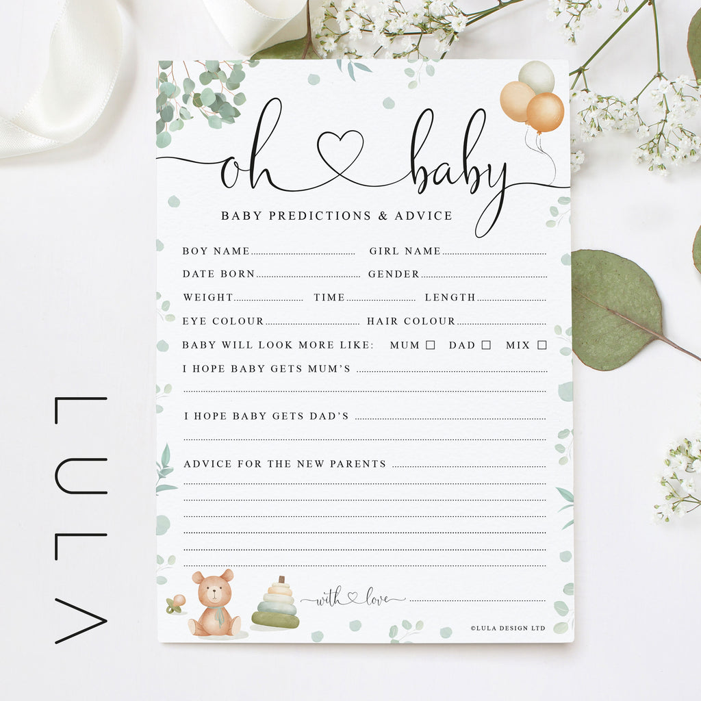 Oh Baby! Eucalyptus and Teddy Bear Baby Shower Prediction Printed A5 Game Cards, Beige Unisex Baby Shower Game, Neutral Baby Shower Game