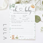 Oh Baby! Eucalyptus and Teddy Bear Baby Shower Prediction Printed A5 Game Cards, Beige Unisex Baby Shower Game, Neutral Baby Shower Game