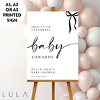 PERSONALISED A1 A2 or A3 Black White Pink Blue Bow Welcome Baby Shower PRINTED Welcome Sign or DIGITAL download Elegant minimal sign decor