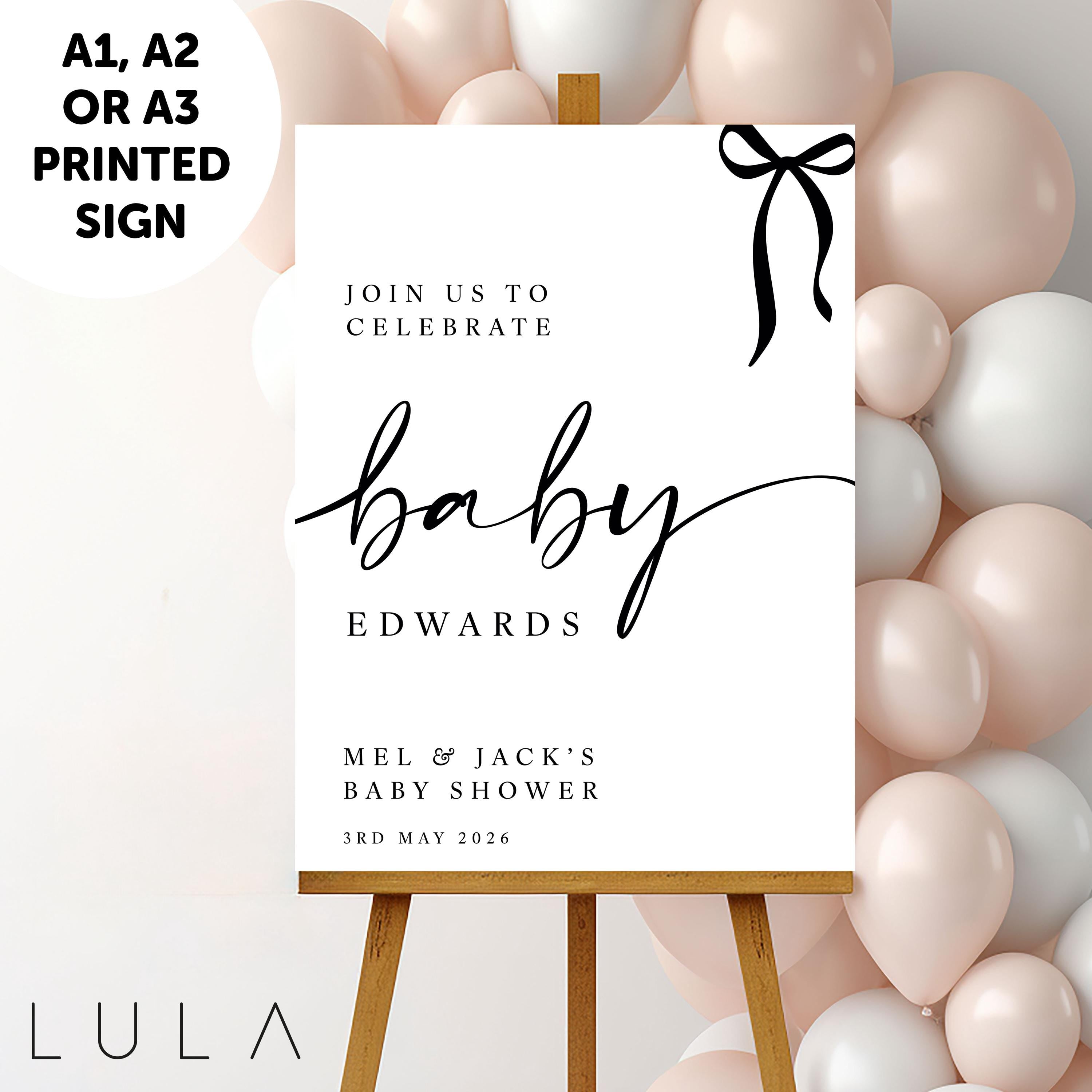 PERSONALISED A1 A2 or A3 Black White Pink Blue Bow Welcome Baby Shower PRINTED Welcome Sign or DIGITAL download Elegant minimal sign decor