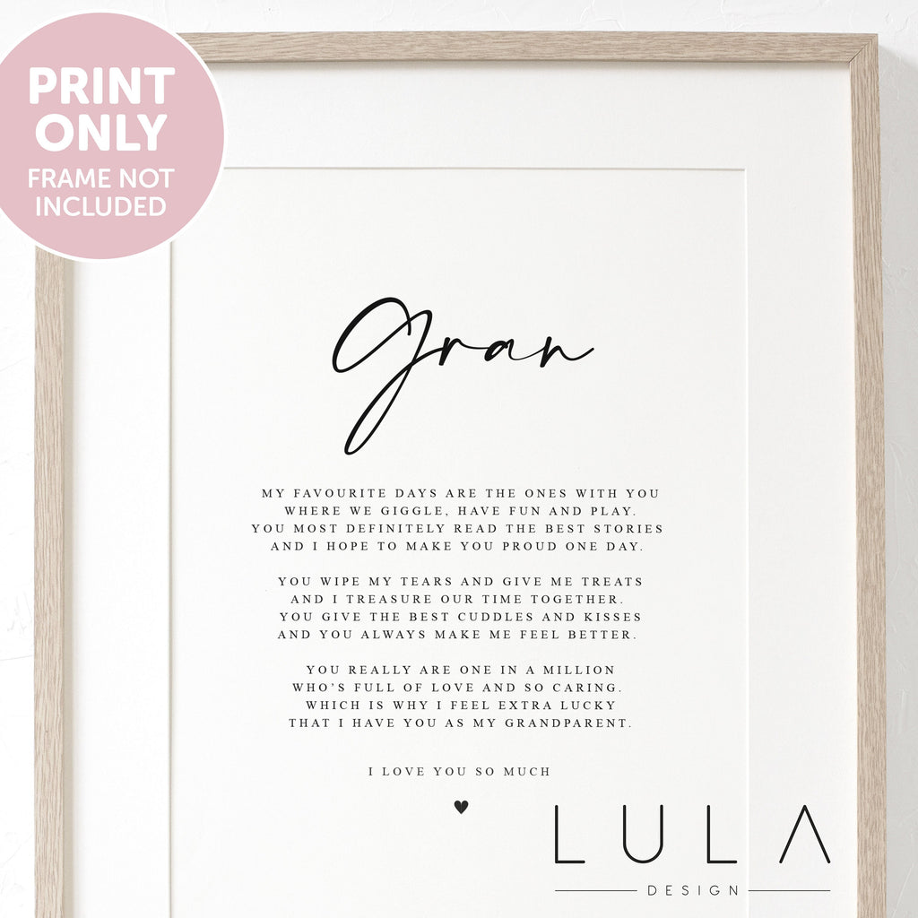Personalised GRAN Poem A4 UNFRAMED PRINT Gran Gift Grandparent Poem Gift for Christmas Gift, Present to Gran from Grandchild Grandchildren