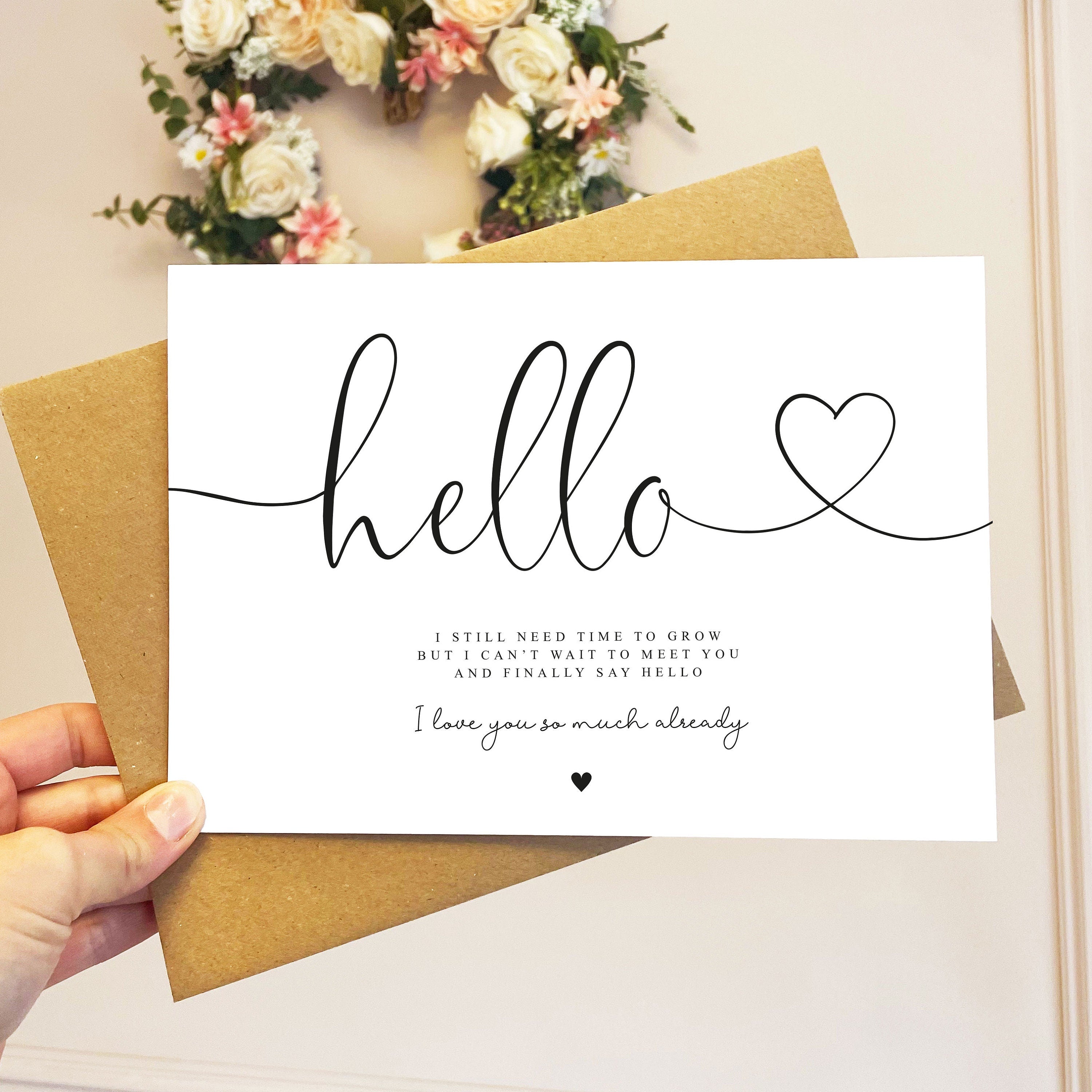 Hello Pregnancy Announcement A5 Card with envelope, I still need time to grow but I can't wait to say Hello, Pregnancy Reveal Christmas Card