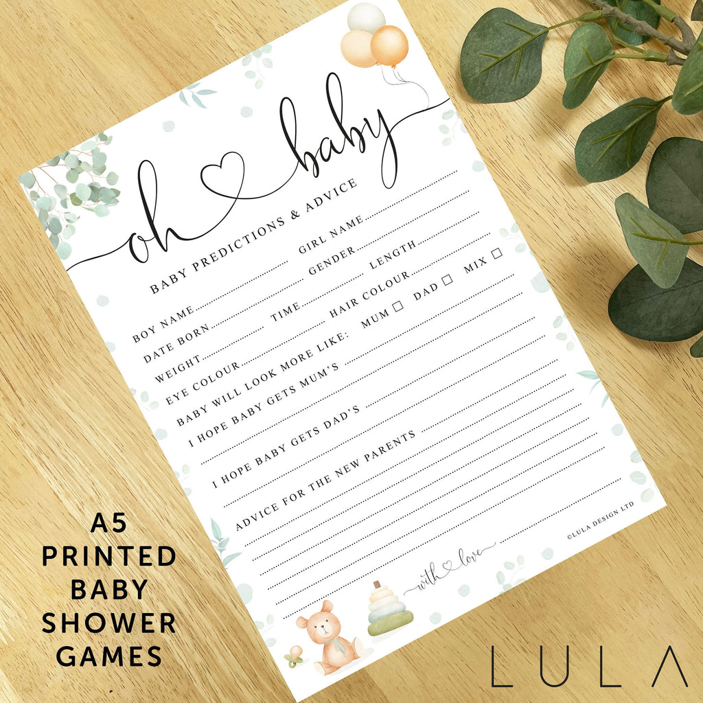 Oh Baby! Eucalyptus and Teddy Bear Baby Shower Prediction Printed A5 Game Cards, Beige Unisex Baby Shower Game, Neutral Baby Shower Game