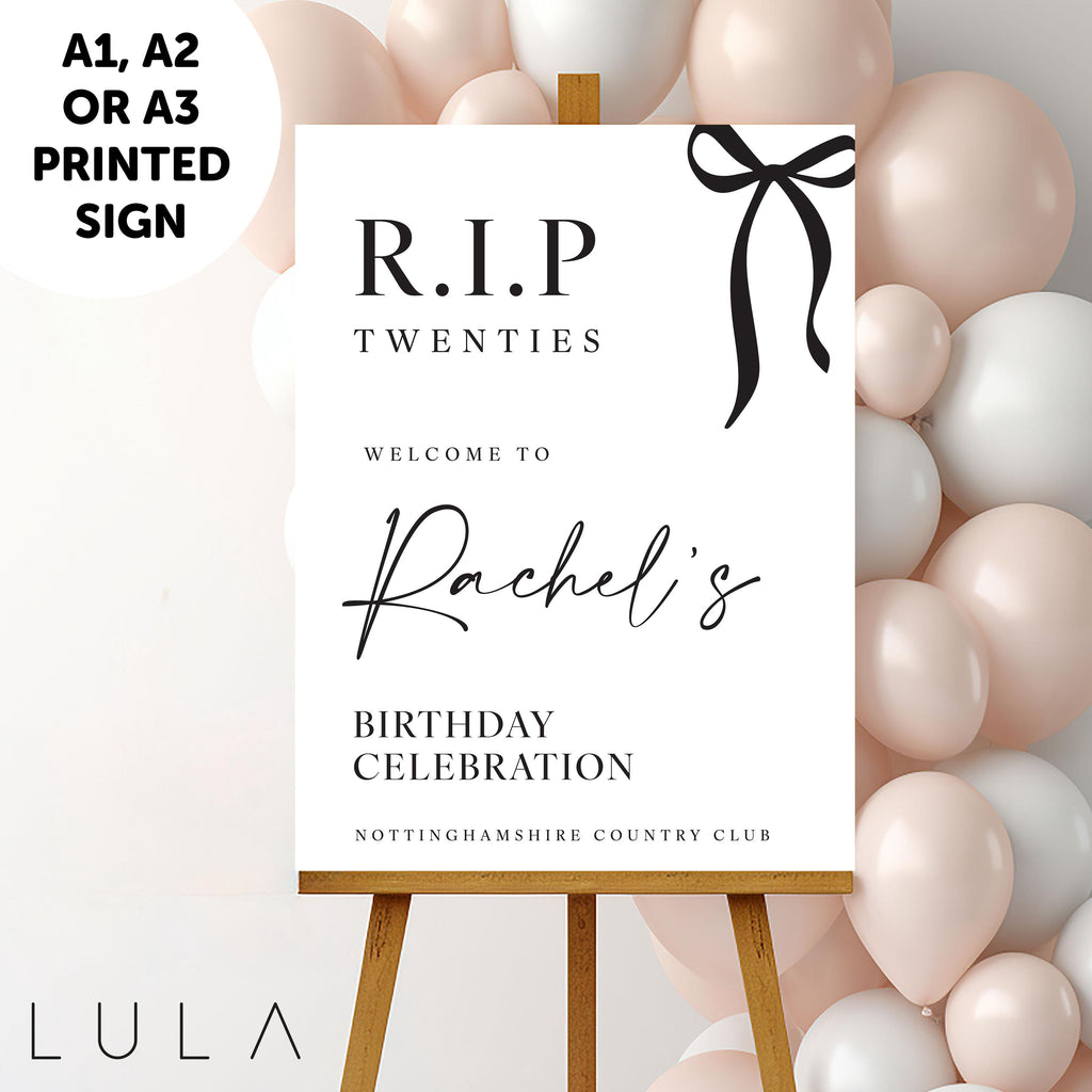 PERSONALISED Black & White Bow Minimal Birthday Party Sign RIP 20s 30s 40s 50s Printed Foamex Sign Minimal Welcome Sign