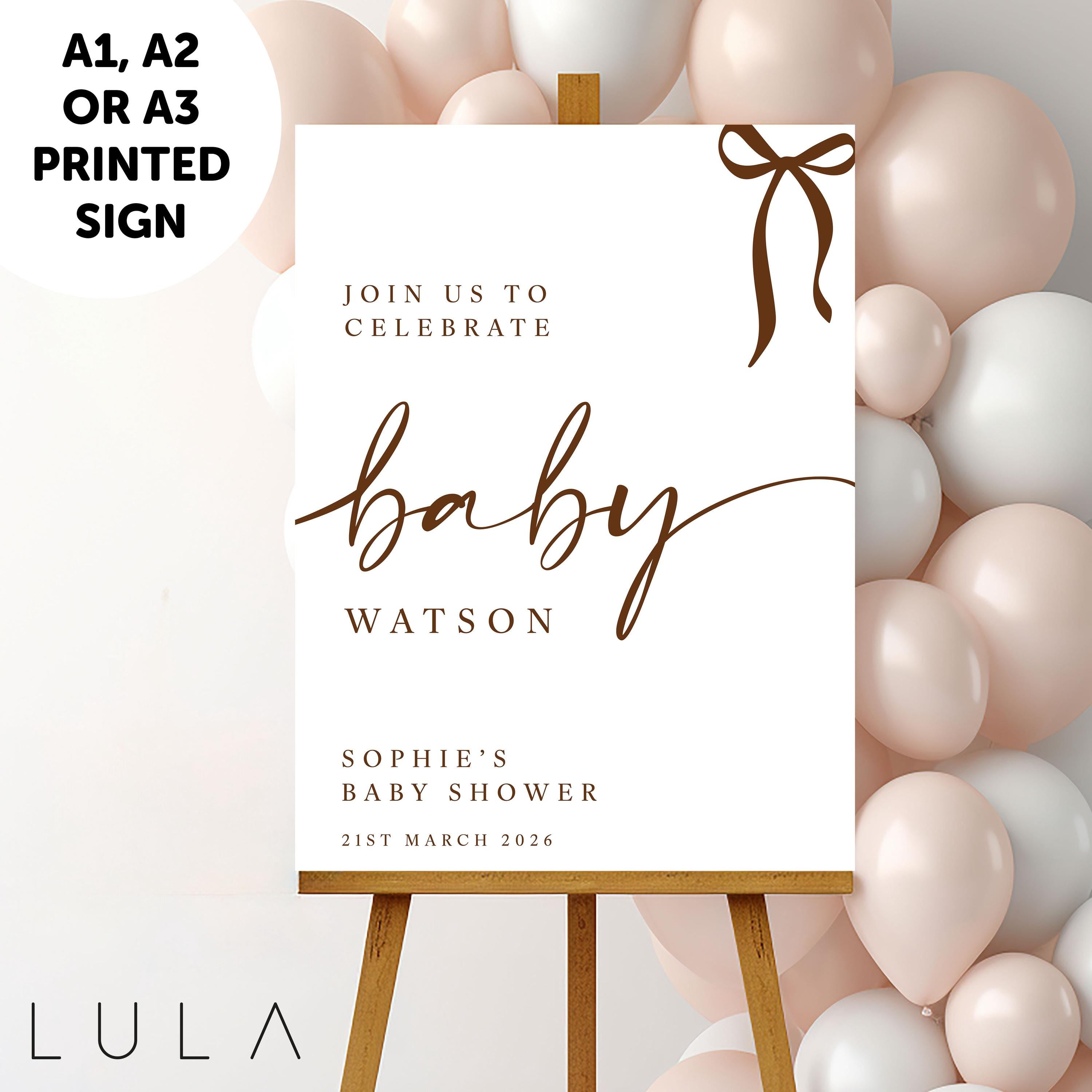 PERSONALISED A1 A2 or A3 Black White Pink Blue Bow Welcome Baby Shower PRINTED Welcome Sign or DIGITAL download Elegant minimal sign decor