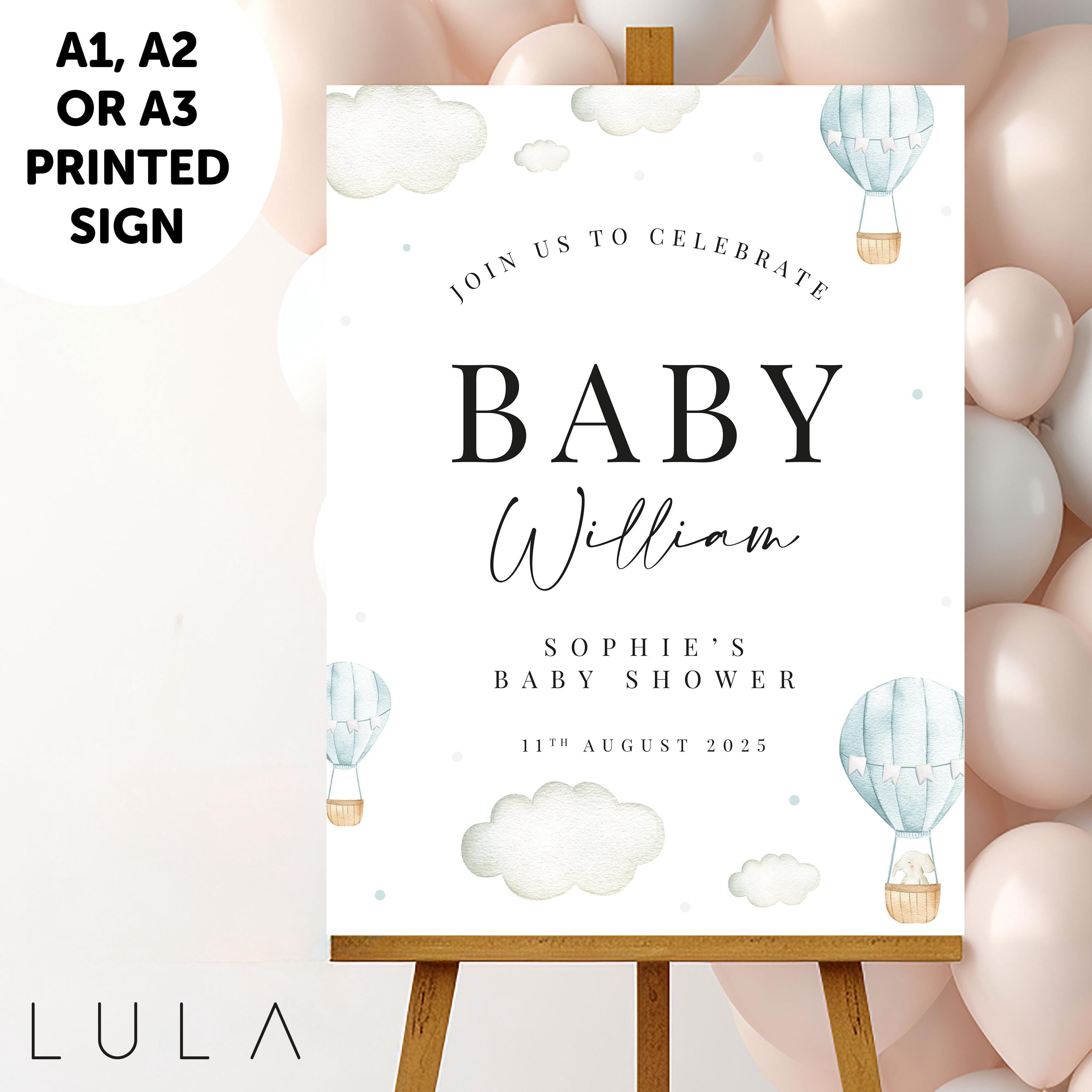 PERSONALISED Blue Hot Air Balloon PRINTED Foamex Baby Blue Baby Shower Party Baby Welcome Sign, Hot Air Balloon Baby Shower