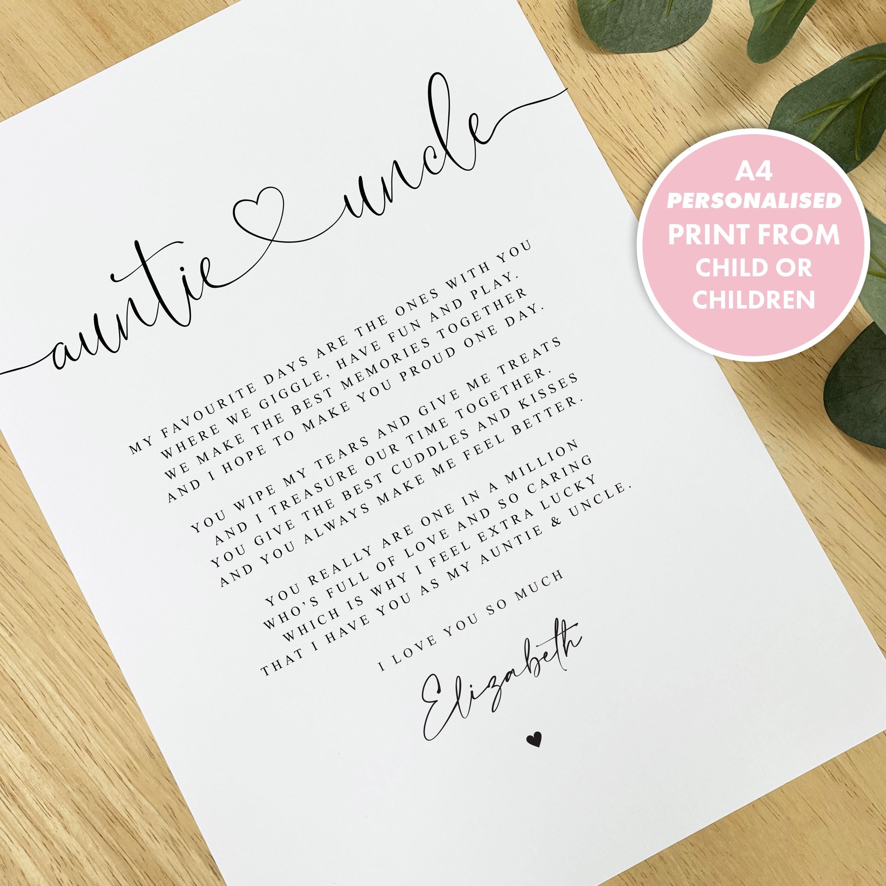 PERSONALISED Auntie & Uncle Unframed Poem A4 PRINT, Auntie and Uncle Poem Gift, Gift from Niece Nephew, Auntie Uncle Christmas Gift