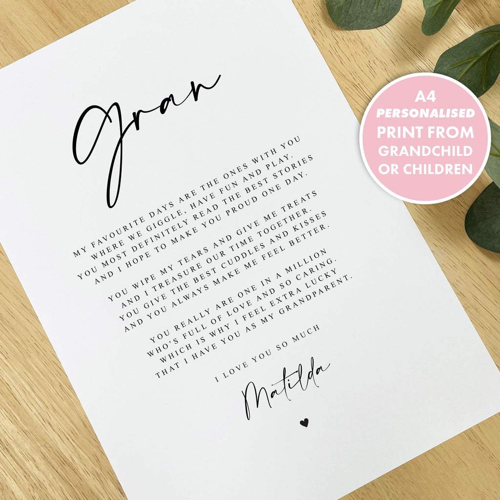 Personalised GRAN Poem A4 UNFRAMED PRINT Gran Gift Grandparent Poem Gift for Christmas Gift, Present to Gran from Grandchild Grandchildren