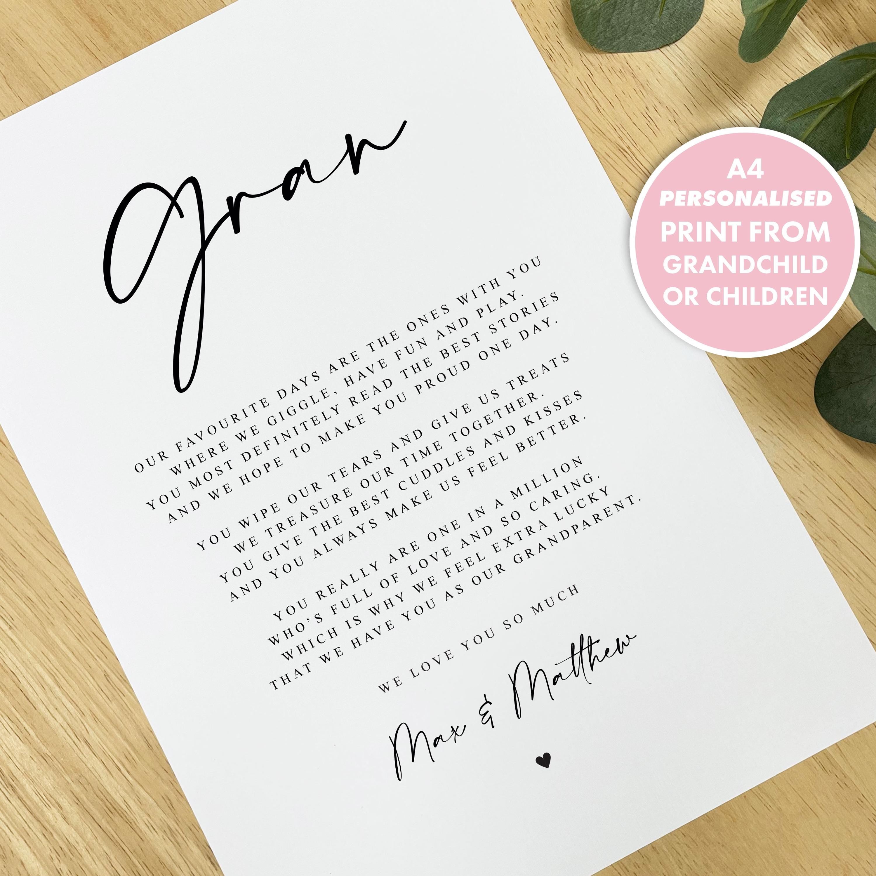 Personalised GRAN Poem A4 UNFRAMED PRINT Gran Gift Grandparent Poem Gift for Christmas Gift, Present to Gran from Grandchild Grandchildren